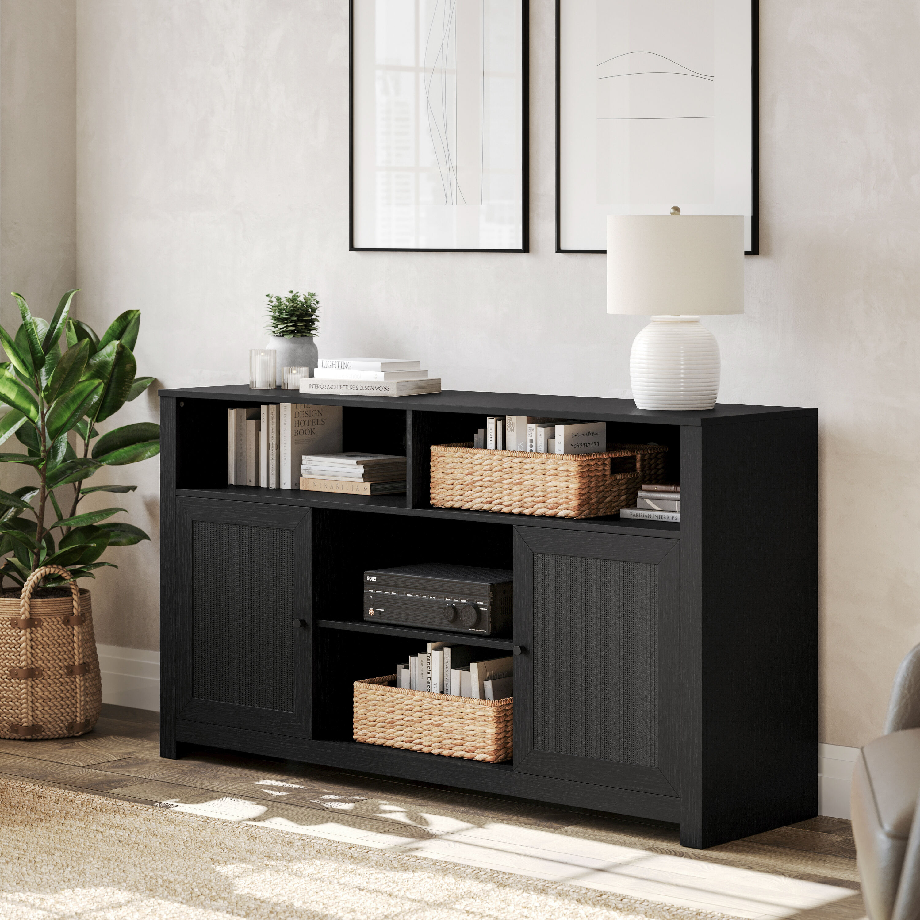 Flash Furniture 196861189685 Malaki Mid-Century Modern 58 Inch Buffet Sideboard with 2 Soft Close Doors and Adjustable Center Shelf; TV Stand for up to 65-in TVs; Black/Rattan