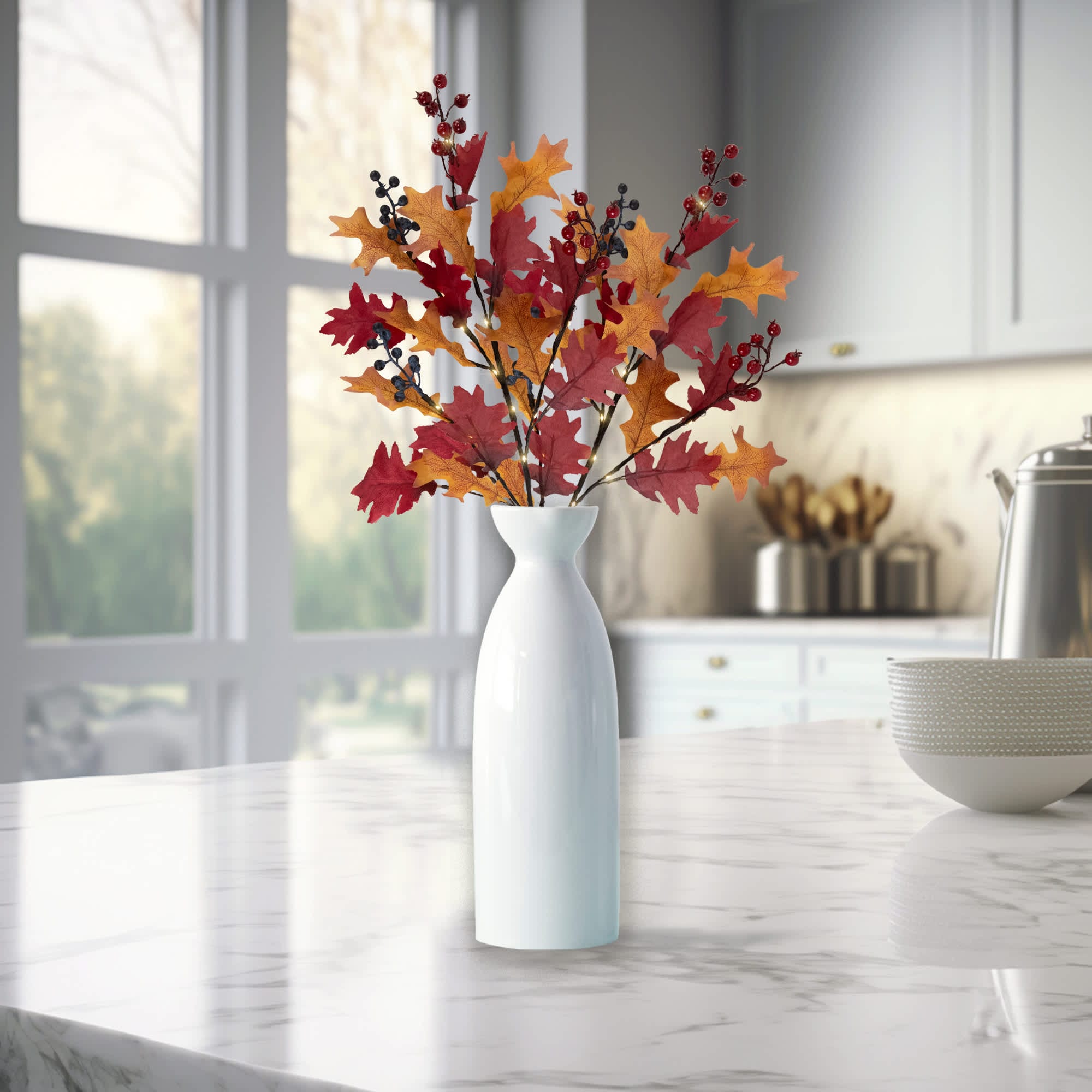 Northlight Lighted Berries and Leaves Fall Harvest Spray - 29 inch - Warm White
