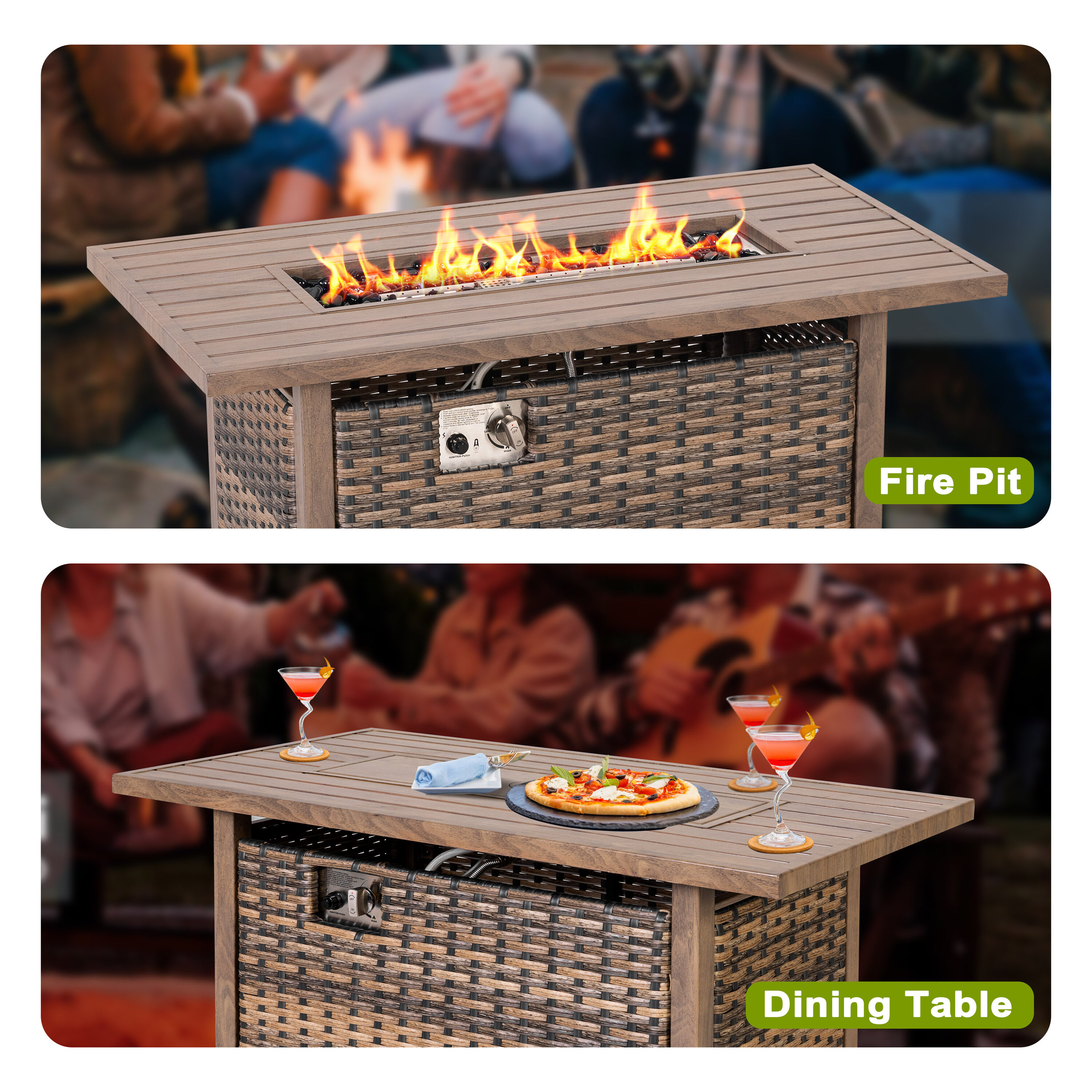 Nuu Garden 43'' Brown Rattan Gas Fire Pit Table with Glass Beads