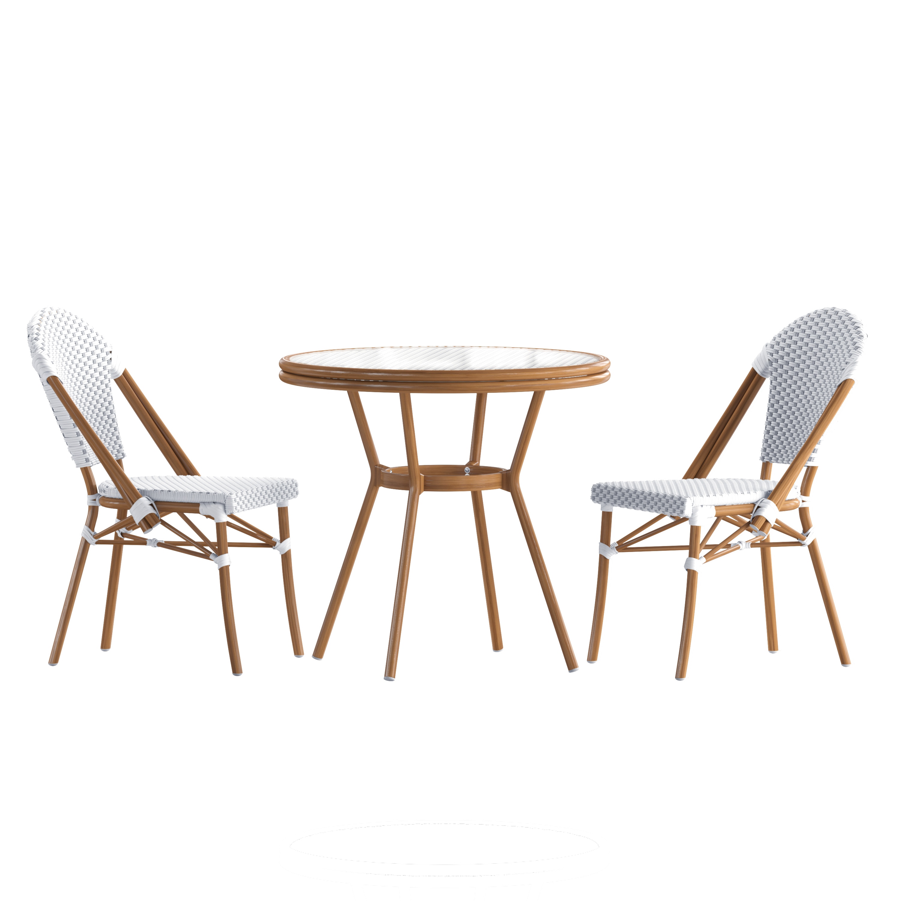 Flash Furniture Lourdes Indoor/Outdoor Commercial Bistro 31.5-in Table; White and Gray PE Rattan; Glass Top with 2 Stack Chairs - Natural Frame
