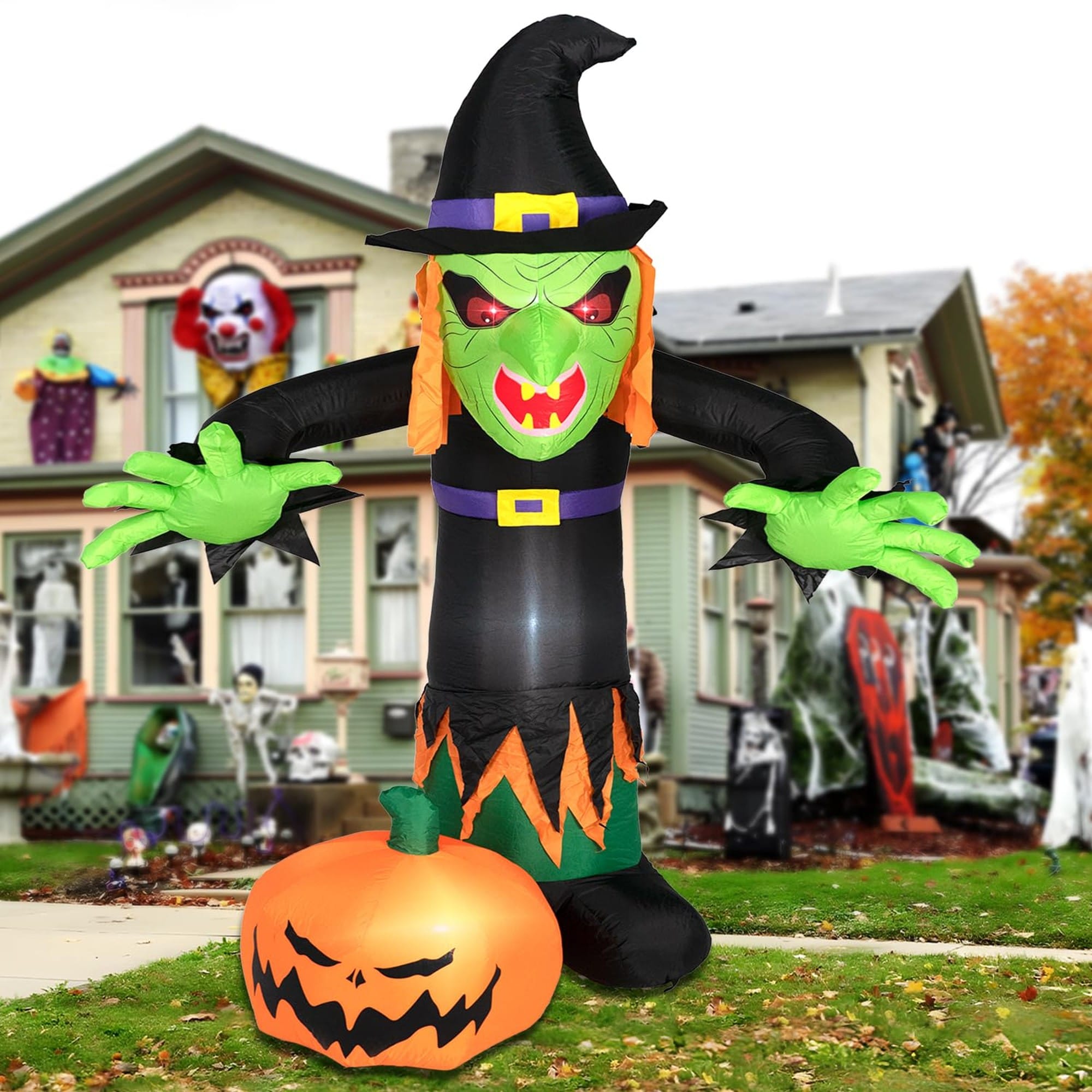 Angel Sar 8 FT Halloween Inflatable Witch Decorations with Built in LED Lights Blow Up Yard for Scary Party Haunted House Yard Lawn Garden