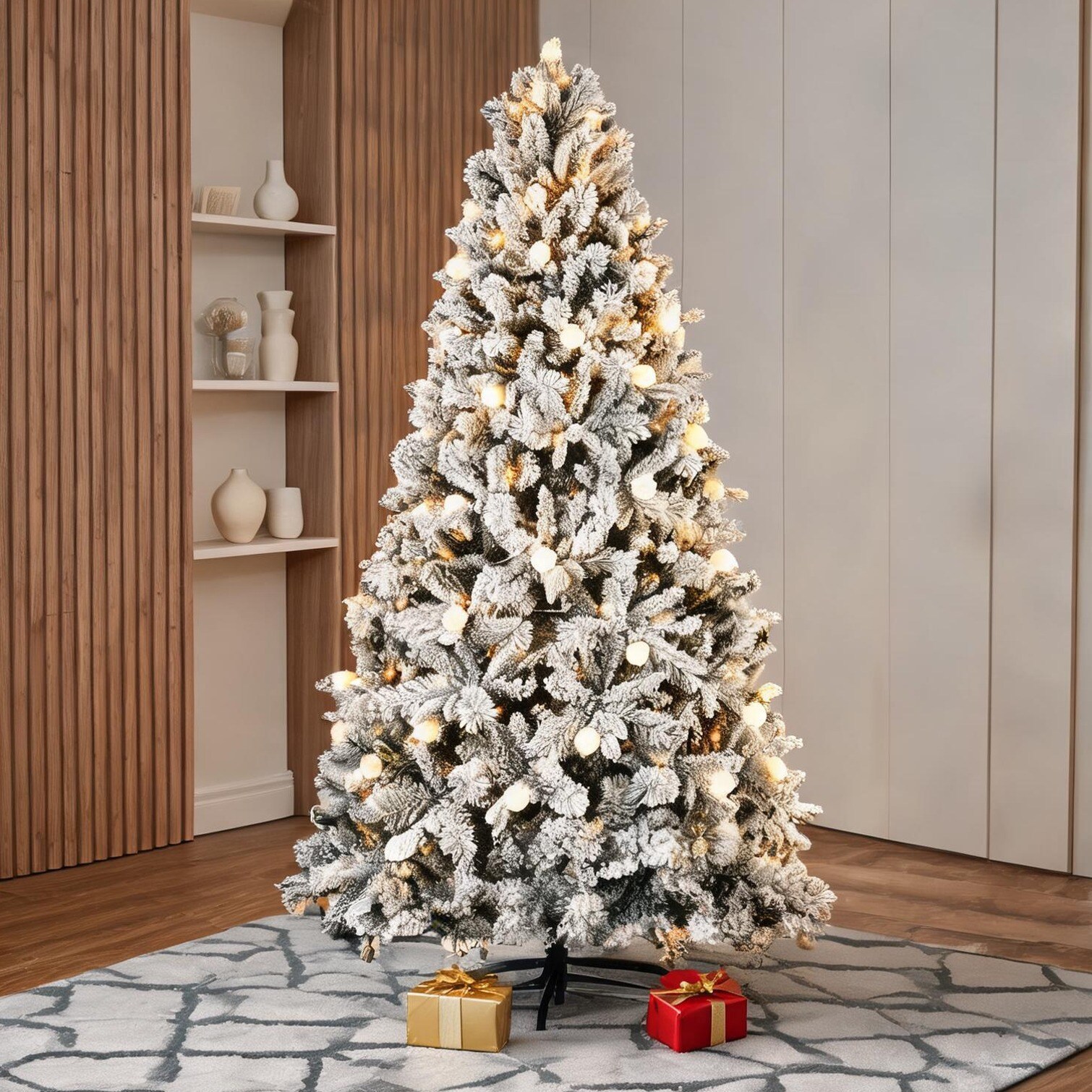 FlowLuxe 8ft Artificial Flocked Fir Christmas Tree with 470 Warm White LED Lights Hinged Branches Easy Assembly for Indoor Holiday Decor