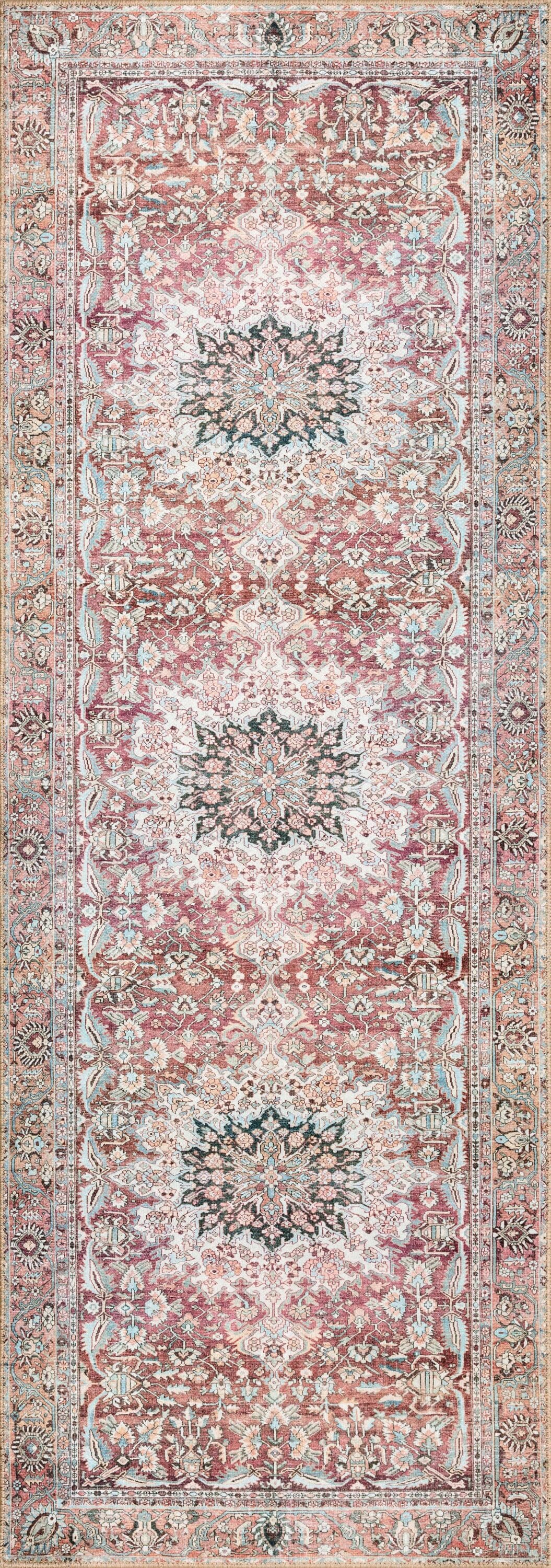 Loloi II WYNTWYN-05TMTE2676 Wynter 3 x 8 (ft) Loomed Polyester TOMATO / TEAL Rectangular Indoor Distressed/Overdyed Persian Runner rug