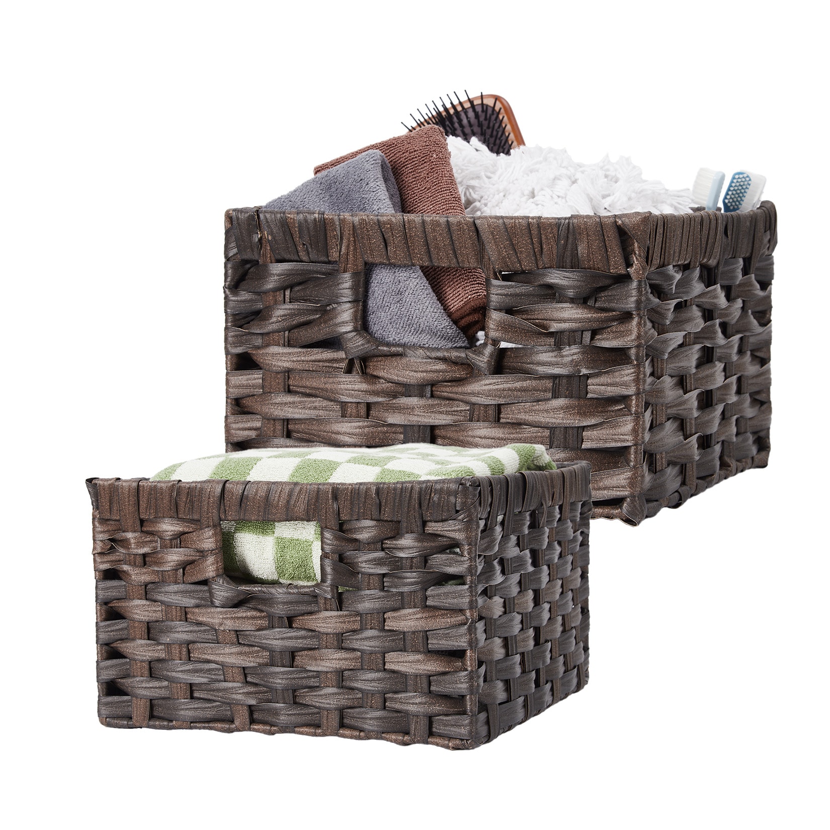 IdealHouse Wicker Storage Baskets Set of 2 - Decorative Organizer Bins with Built-in Handles - Durable and Stylish for Home Living Room Bedroom Closet - Brown
