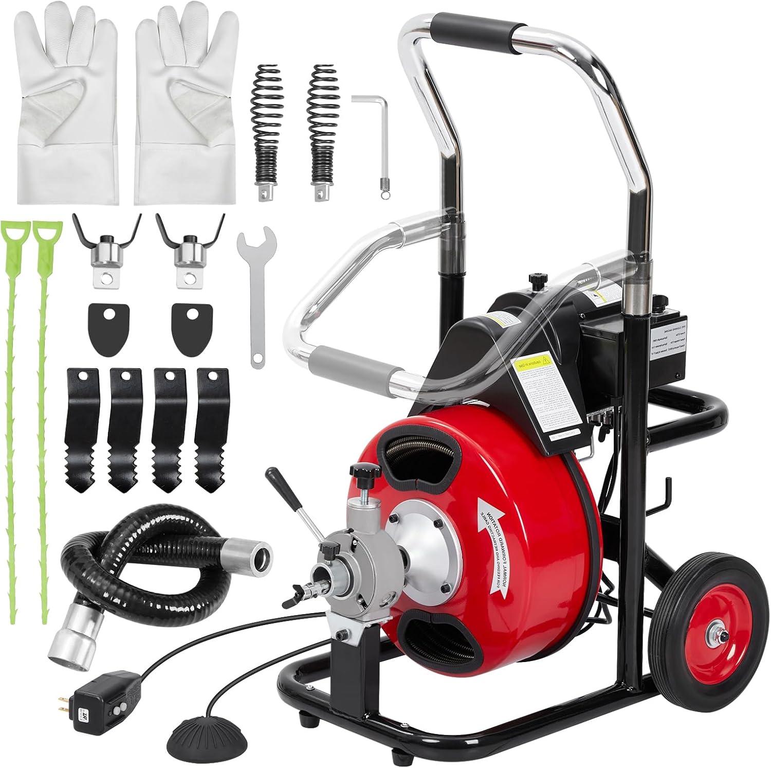 Garvee Electric Drain Cleaner Machine - 75FT x 1/2in/ Cable Auto-Feed Sewer Snake Auger 8 Cutters Air-Activated Foot Switch Protective Gloves 370W Motor and Semi-Enclosed Drum for 2-4in Pipes Model K-300ZF