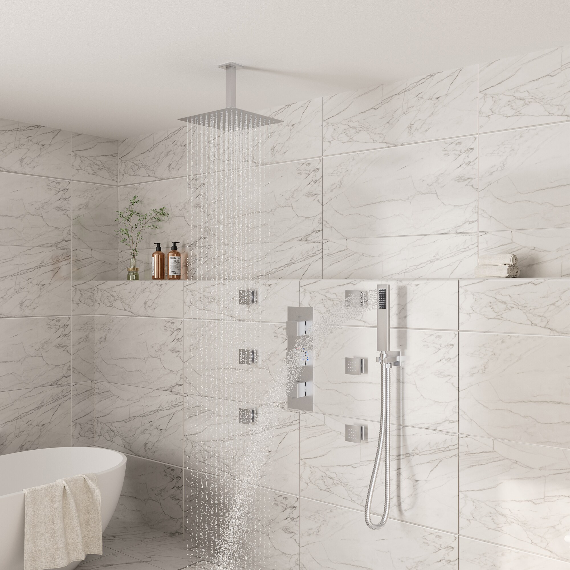 Brushed Nickel Ceiling Mounted Dual Shower System with Body Jets