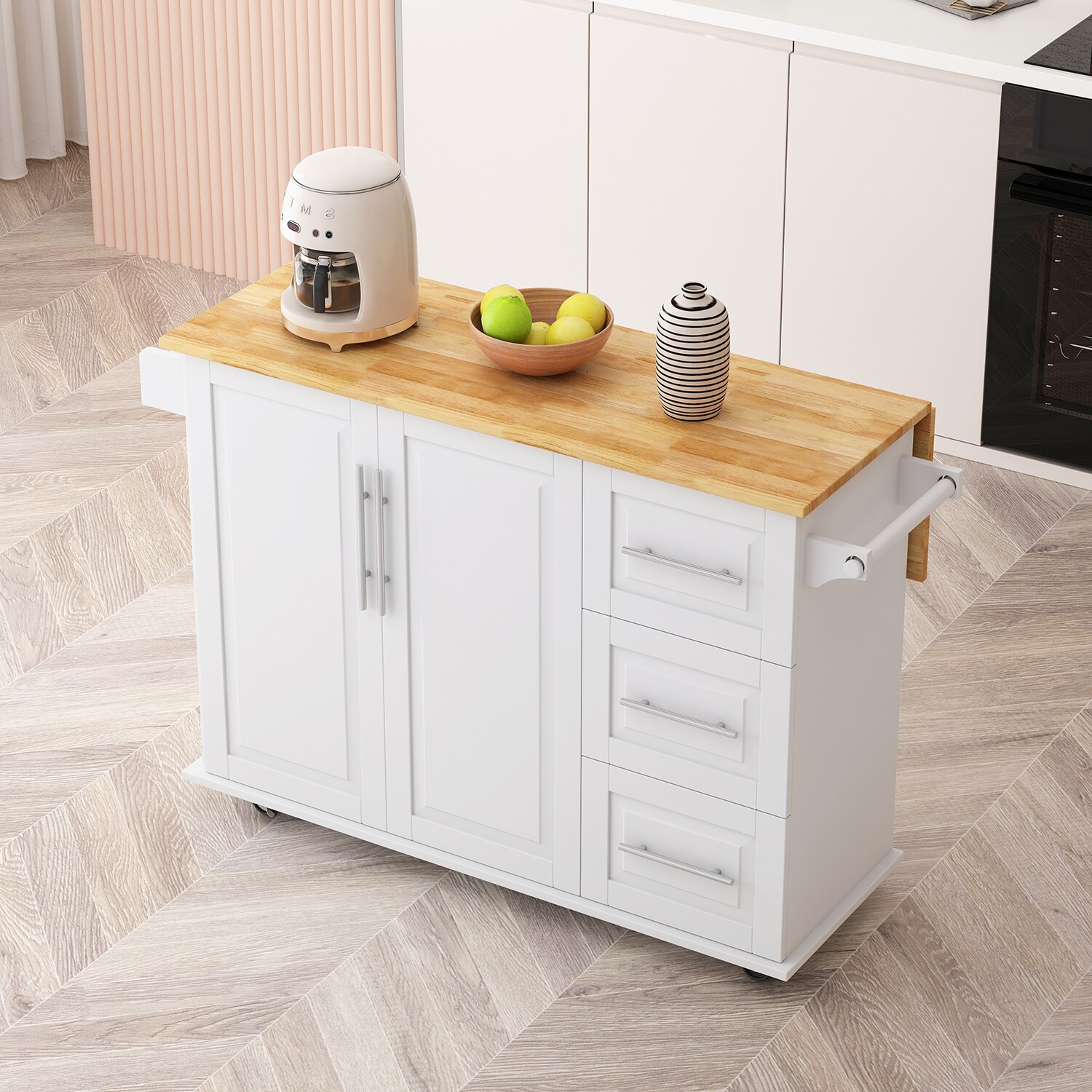 Bybafun Gray Mdf Base with Mdf Wood Top Rolling Kitchen Island (33.2-in x 49-in x 37.5-in)