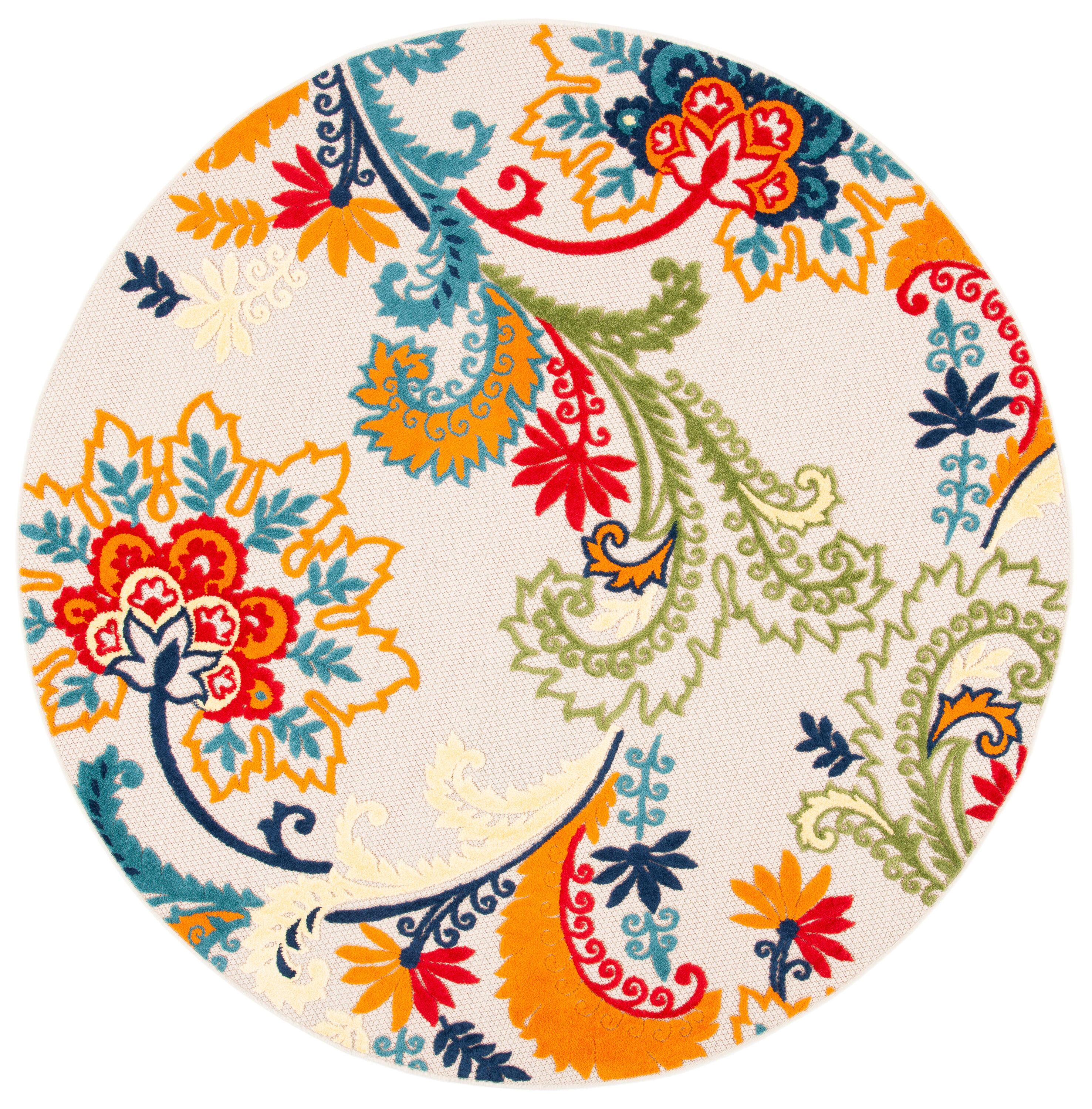Ivory and Blue Floral Round Reversible Synthetic Rug