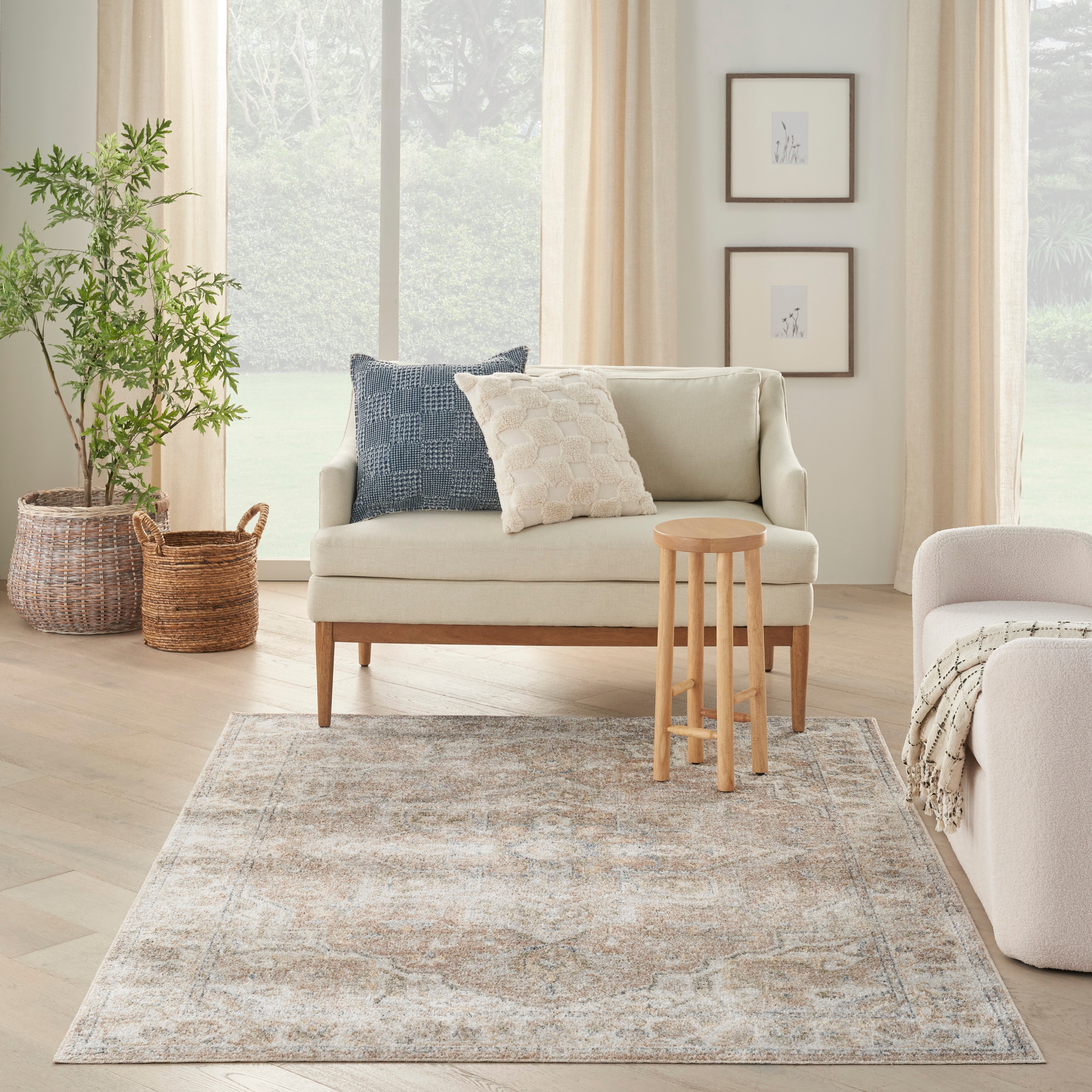 Beige Medallion Power-Loomed Washable Rectangular Area Rug