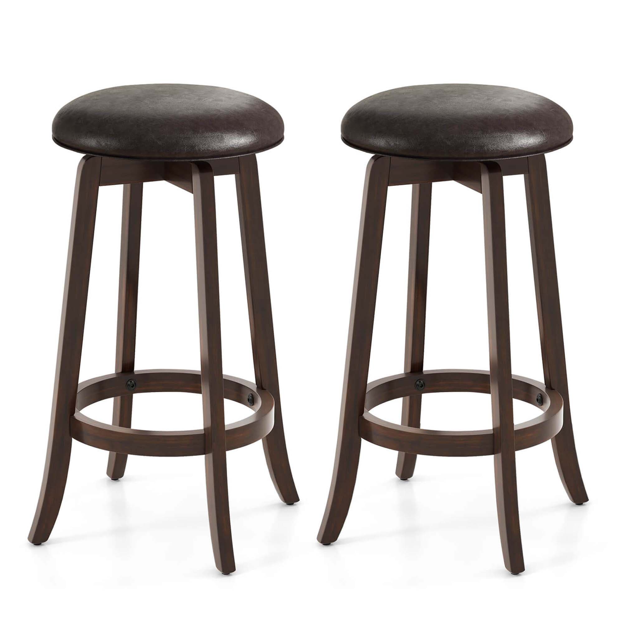 Costway HCST04323 Set of 2 Brown 29-in H Bar height (28-in to 33-in) Round Seat Upholstered Swivel Wood Bar Stool