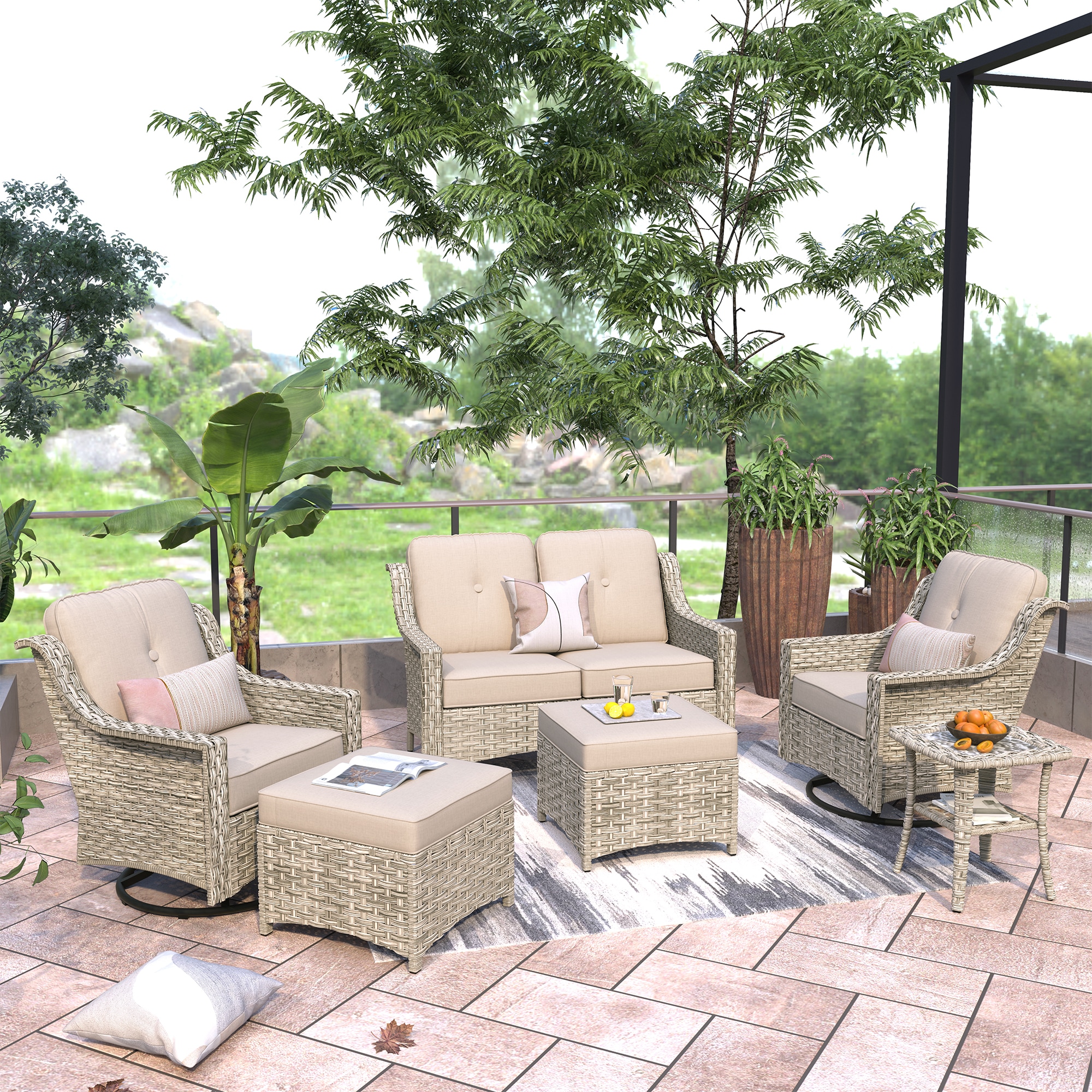 Ovios PDL606Y 6 -Piece Wicker Patio Conversation Set with Beige Cushions