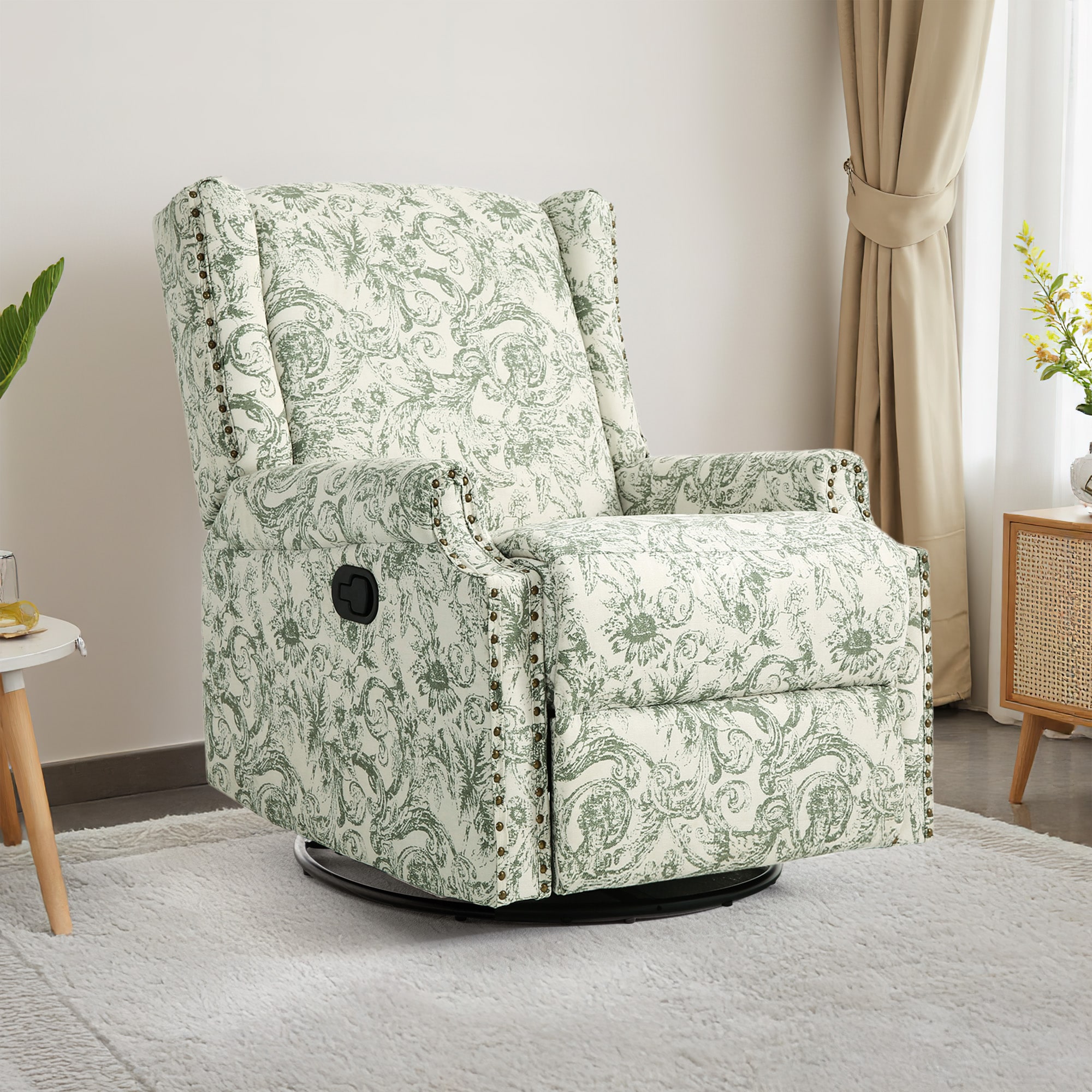 Dreamsidea - Upholstered Wing Back Recliner - Classic Style - Manual Handle Swivel Rock Glider - ...