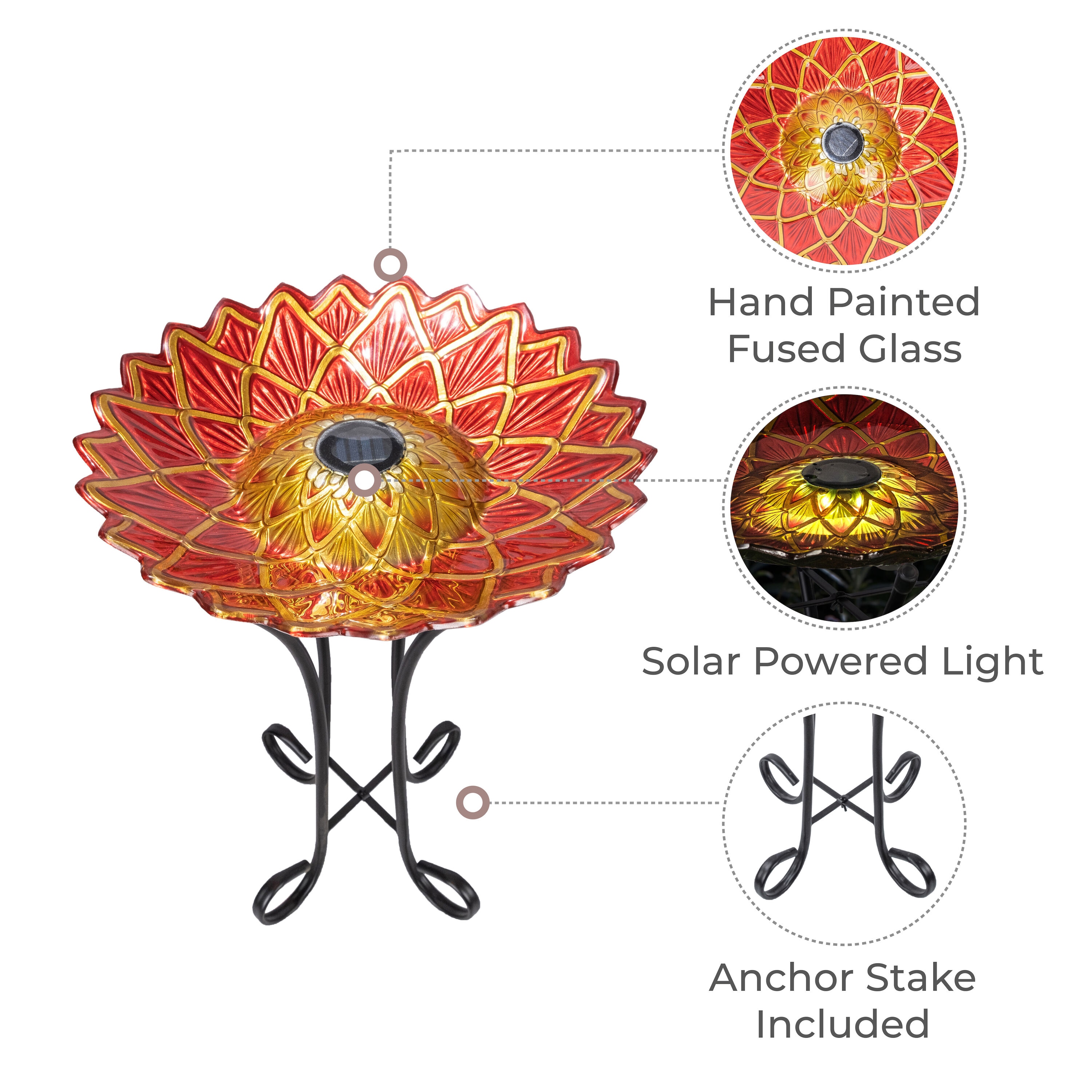 Red and Gold Glass Birdbath with Solar Light and Metal Stand