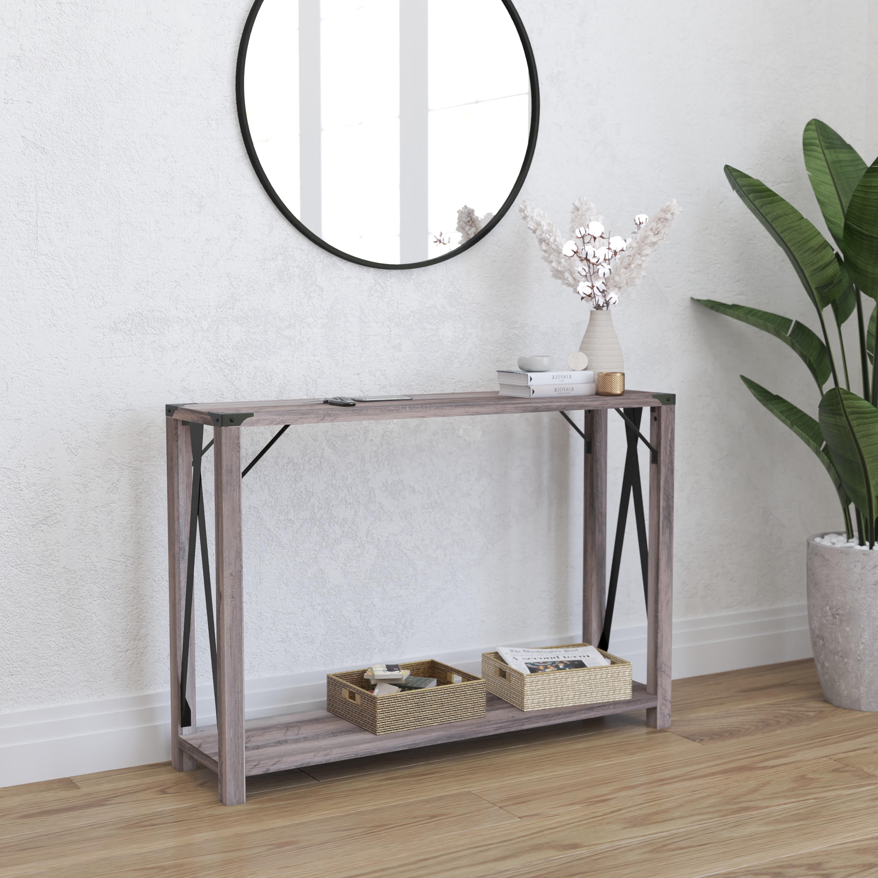 Merrick Lane Green River Modern Farmhouse Engineered Wood Entryway Table and Powder Coated Steel Accents in Gray Wash