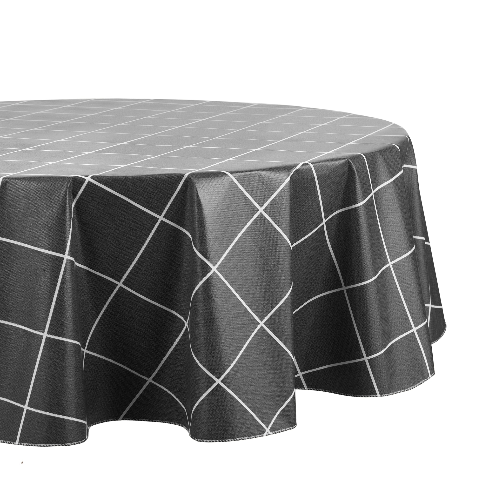 Elrene Home Fashions 194590058395 Windowpane Plaid Grid Printed Vinyl 70" Round Indoor/Outdoor Black Table Cover for 60-in round