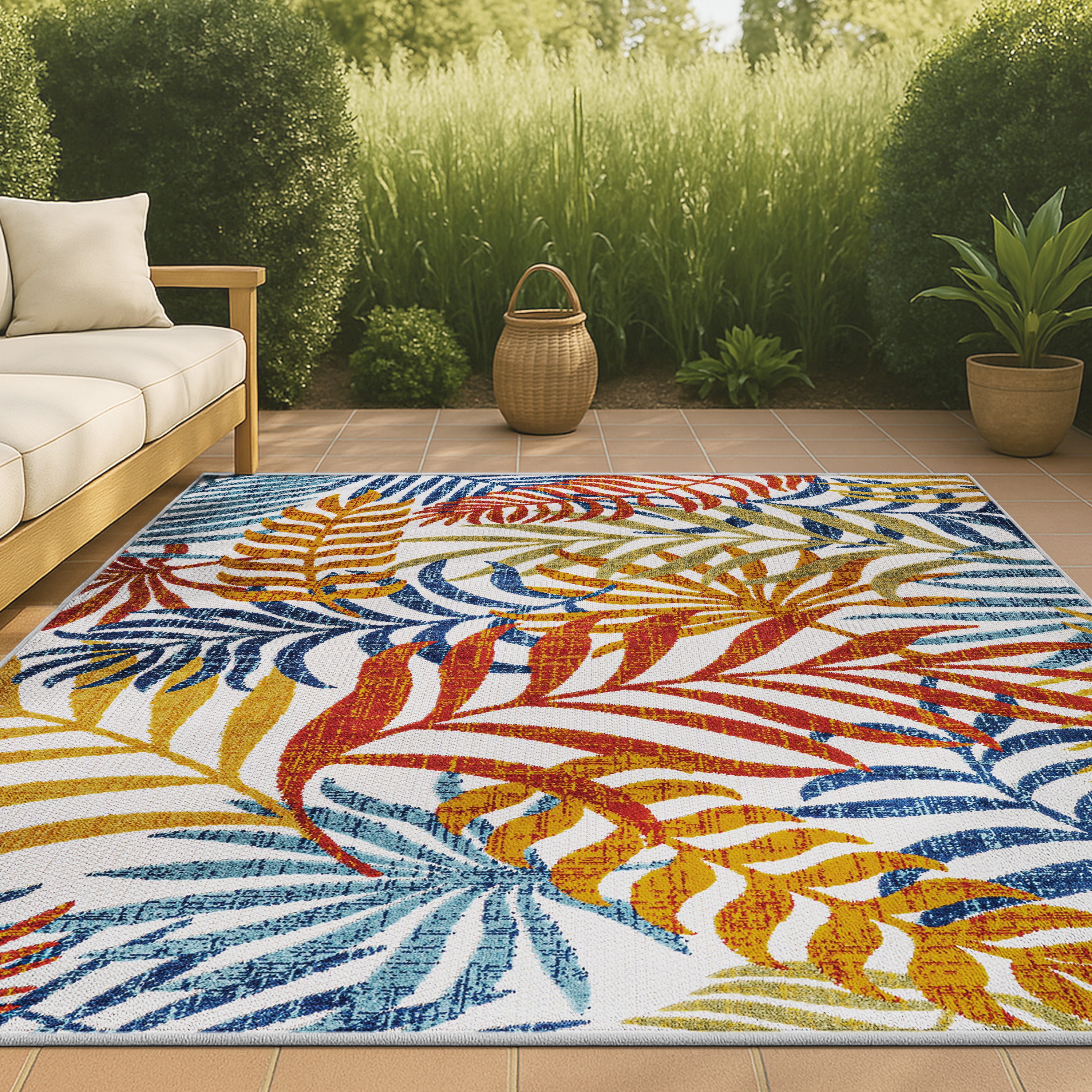 JONATHAN  Y AMC100B-5 Amalfi Coast Tropics Palm Leaves 5 x 8 (ft) Loomed Polypropylene Cream/Orange Rectangular Indoor/Outdoor Floral/Botanical Coastal Area rug