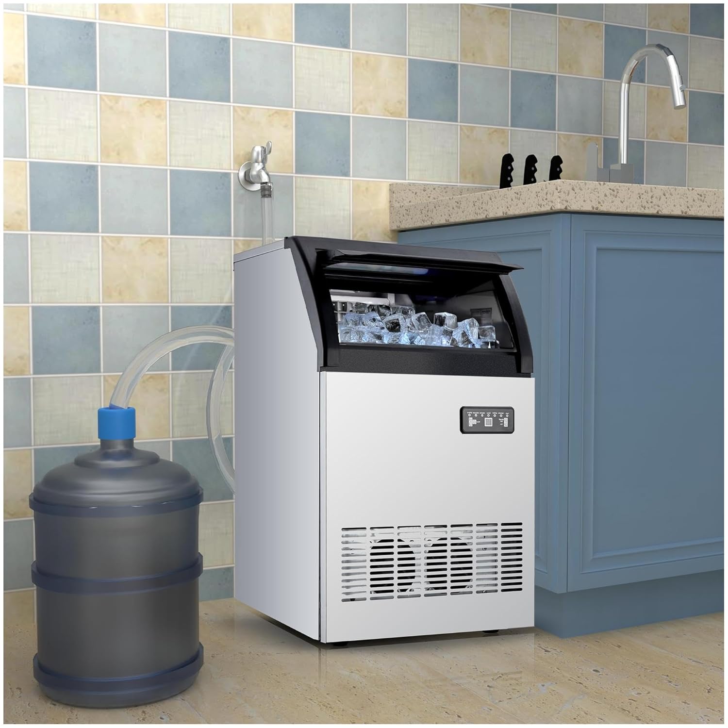 Qeetex WL-PHO-12LEJHG9 Commercial Ice Maker 120 lb/24 Hour Ice Maker with 33 lb Storage Bin Stainless Steel Large Ice Maker Dual Water Inlet