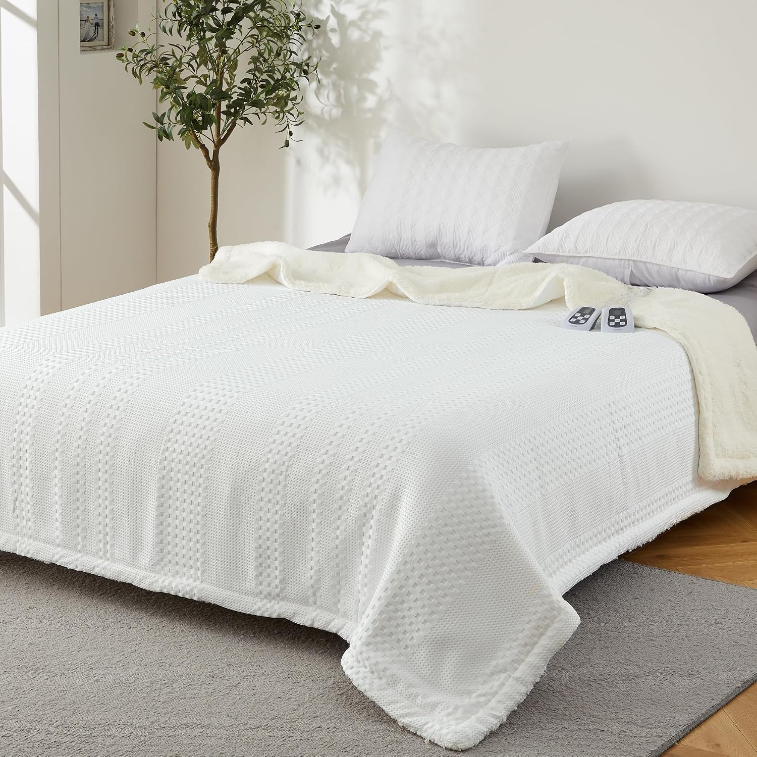 GAOMON Queen Heated Blanket 84x90 Waffle Sherpa Dual Control 9 Heat Levels Auto Shut-Off Washable