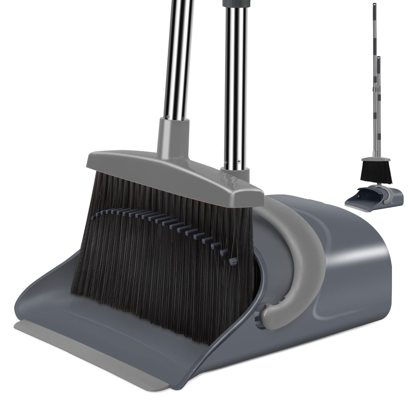 Phyfalip  Broom and Dustpan Set with Long Adjustable Handle for Indoor Outdoor Cleaning Deep Gray Light Gray Efficient Bristles Rubber Lip Teeth