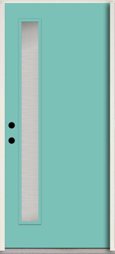 RELIABILT LO1065691 Spotlights 32-in x 80-in x 4-5/8-in Fiberglass 1/4 lite Right-hand inswing Caribbean Blue Paint Painted Prehung Front Door Insulating core