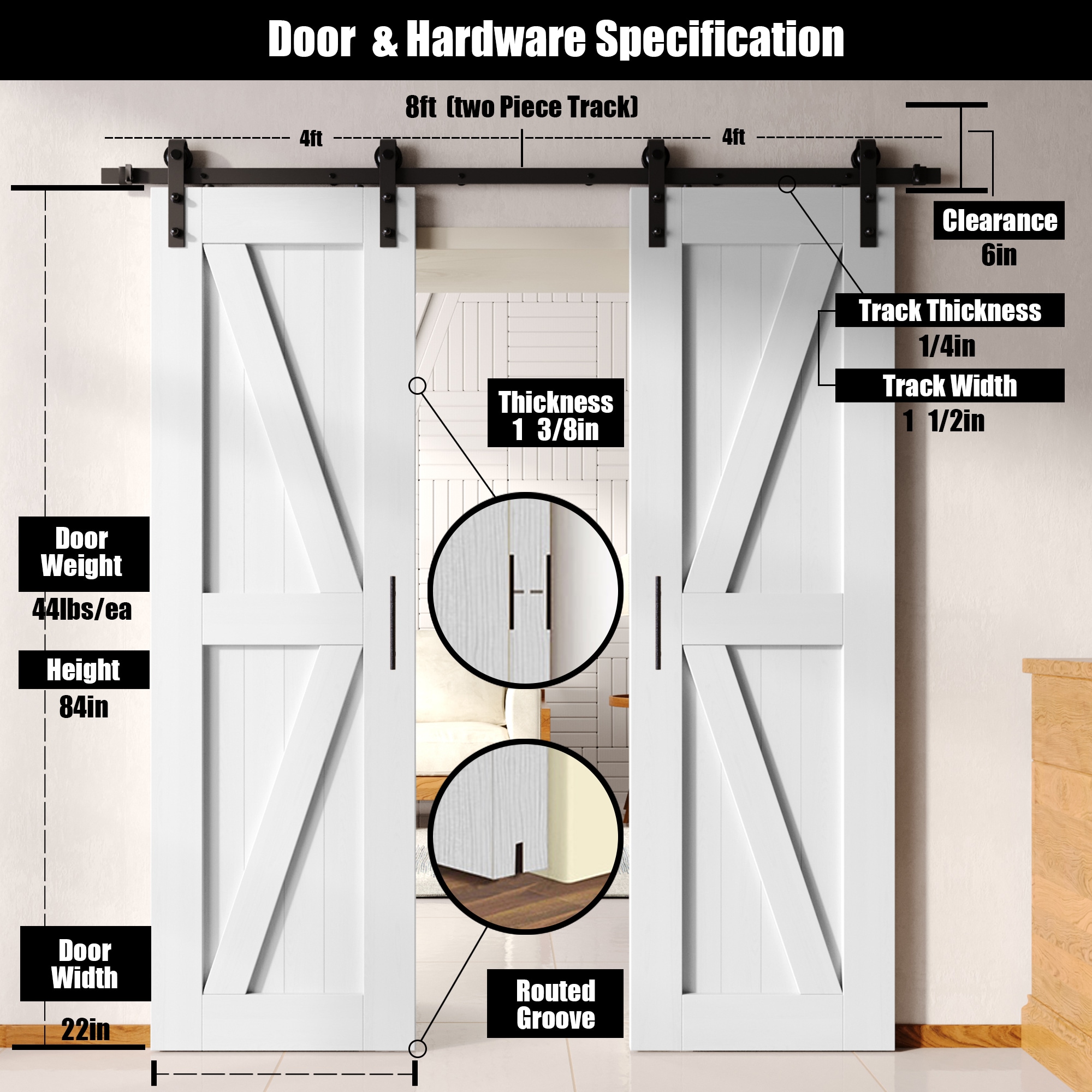 HOMACER YT2TGH096C-2284-K-WH Barn-Doors - View #2
