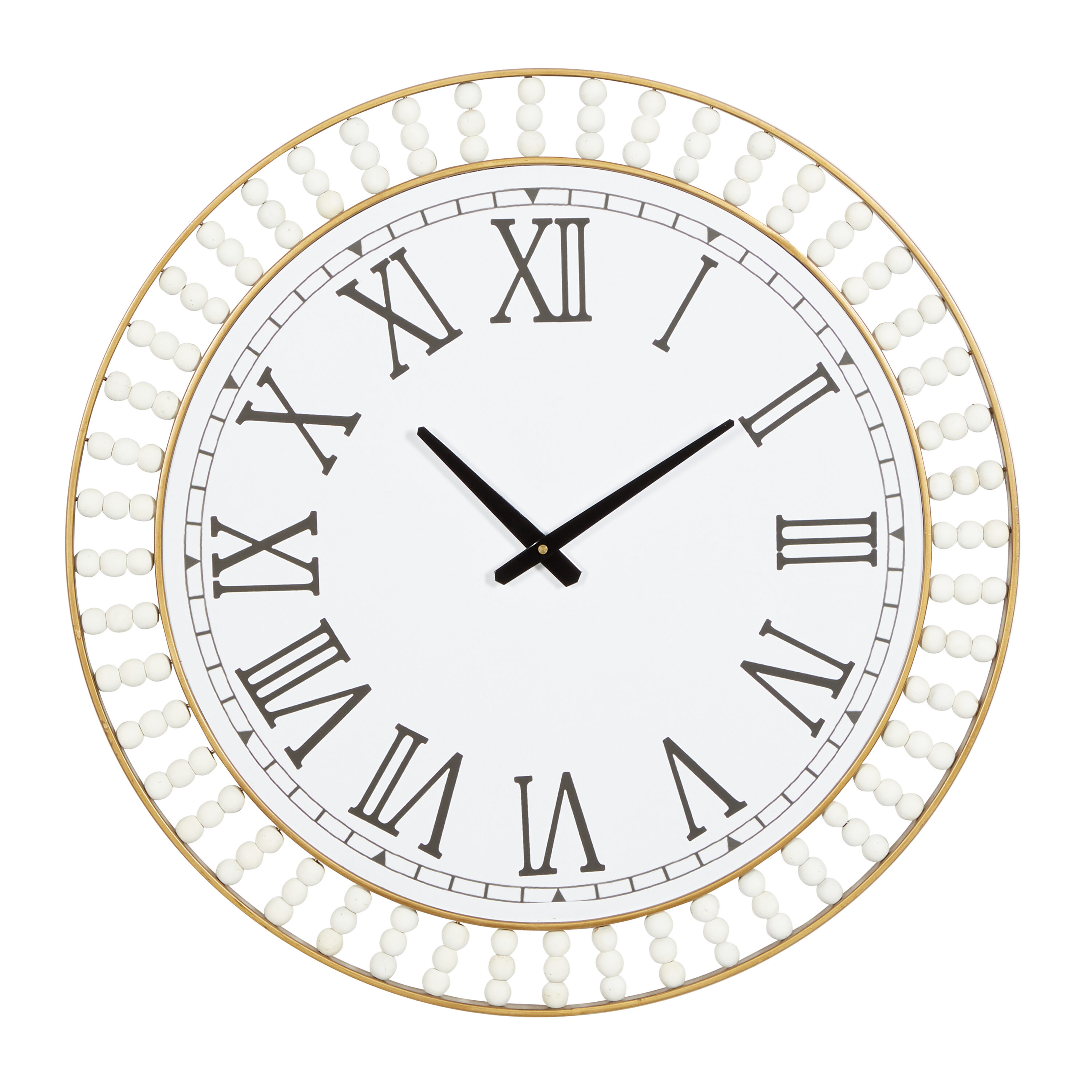 Oversized White Beaded Wall Clock with Gold Frame