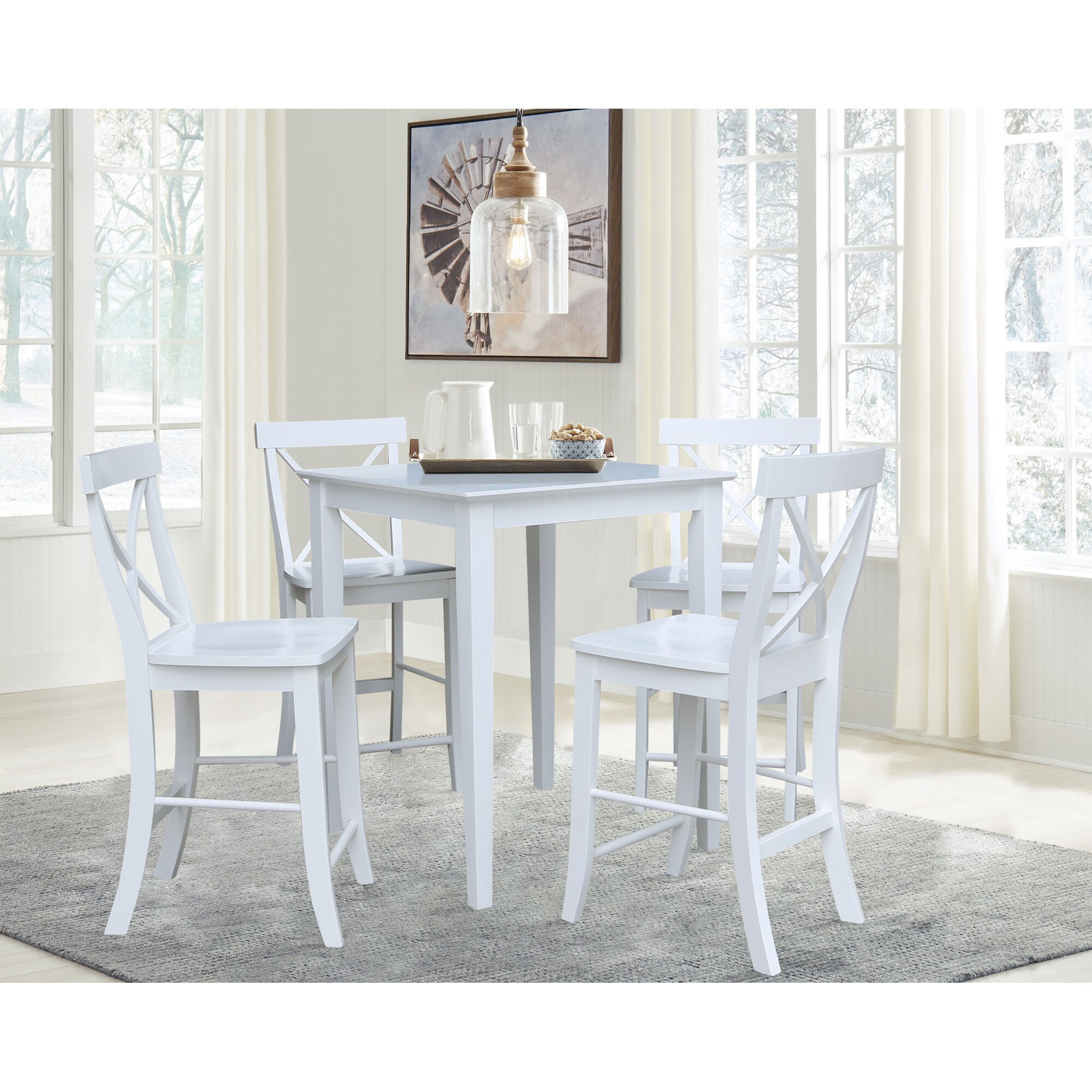 Classic White Solid Wood 37" Counterheight Dining Set with 4 X-Back Stools