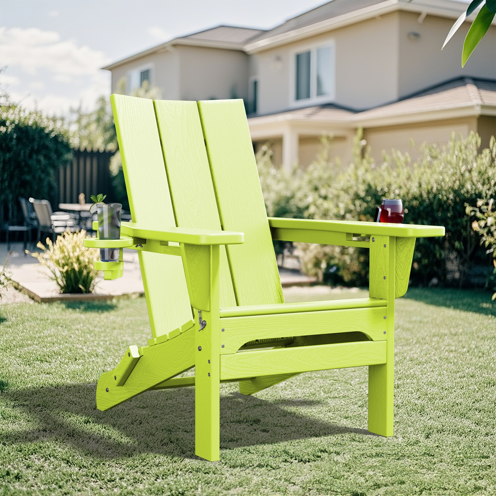 JEAREY YDQWY-GD-LB HDPE Patio Adirondack Chair with Dual Cup Holders Apple Green HDPE Frame Stationary Adirondack Chair with Green Slat Seat