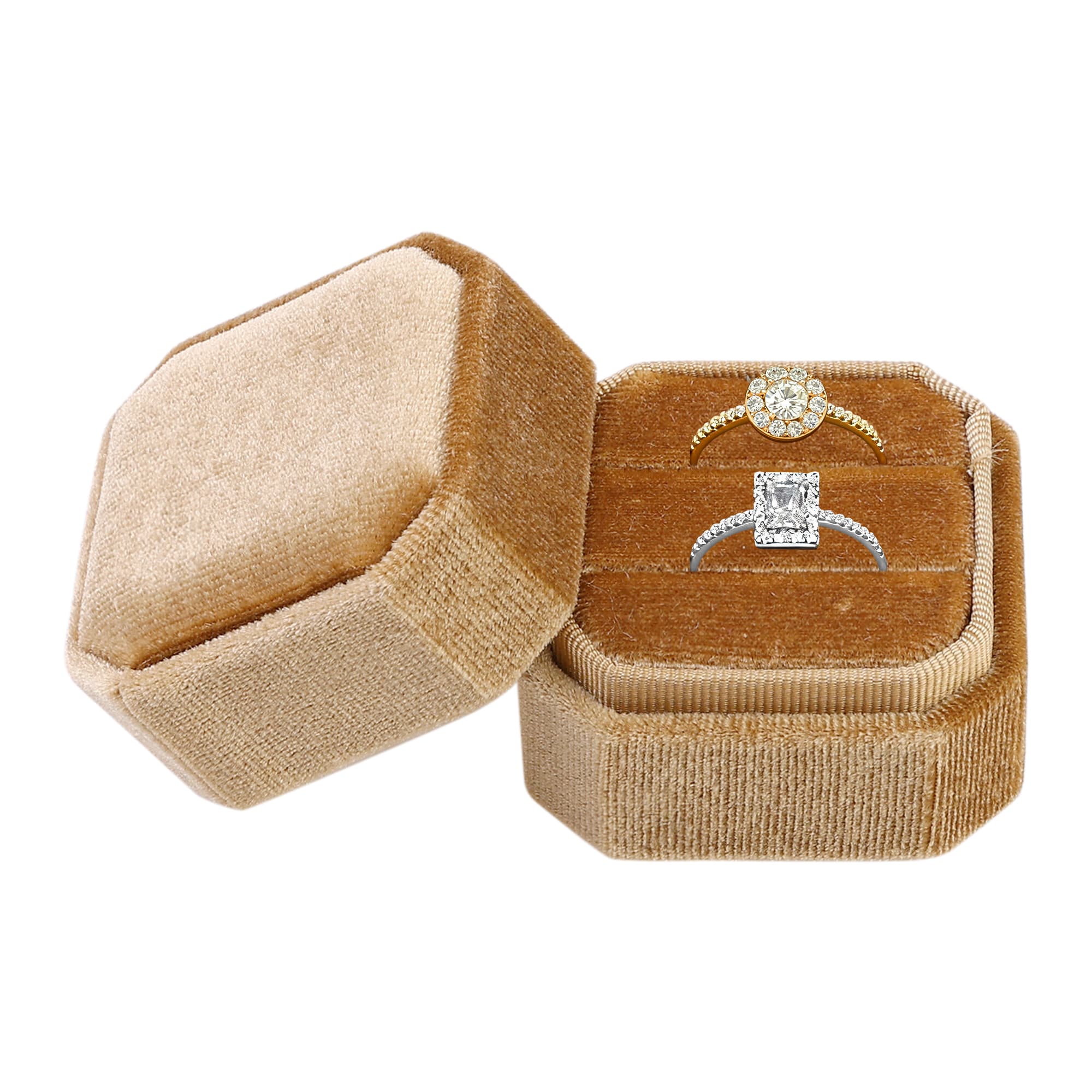 Unique Bargains Velvet Ring Box for Proposal Engagement Wedding Ceremony  Ring Box Storage 2 Slots Jewelry Box 2x2x1.6in Golden Yellow