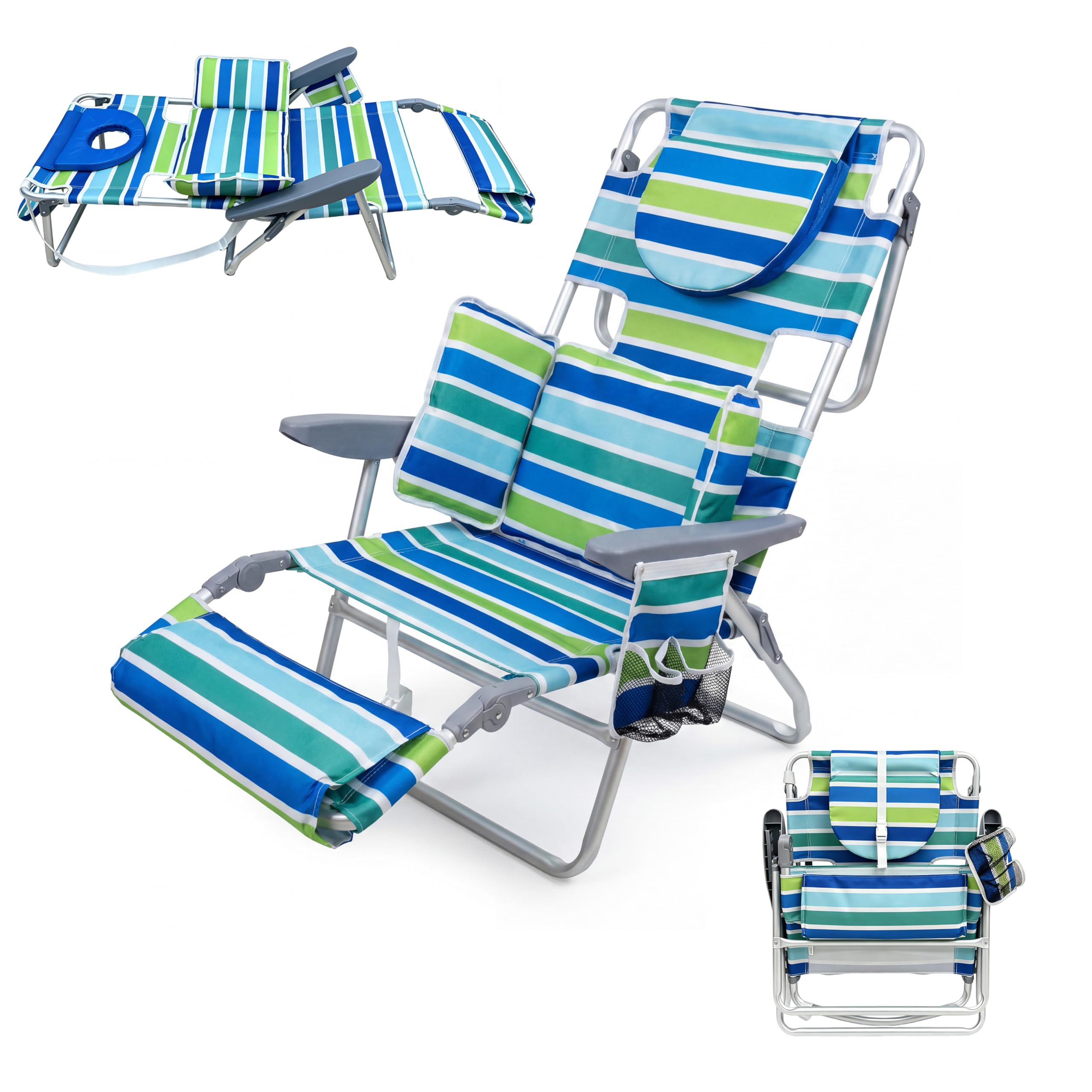 DEXSO 2 Pack 3-in-1 Beach Chair Folding Tanning Lounger with Face Hole Adjustable Footrest Aluminum Frame 330lb Capacity