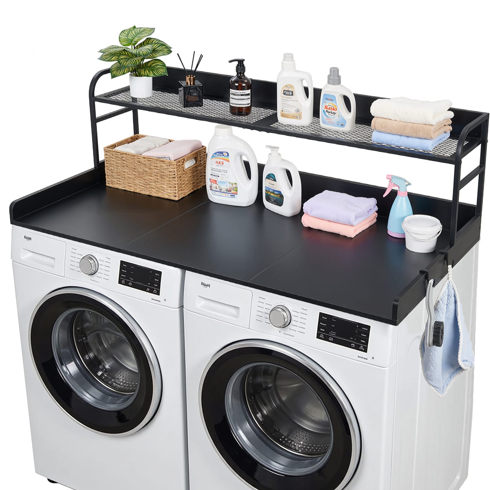 VEVOR Washer Dryer Countertop with Shelf 54 x 27.5 in Wooden Washer and Dryer Topper with Edge and 2 Hooks Laundry Machine Topper for Laundry Closet Pantry Counter Organization and Storage Black