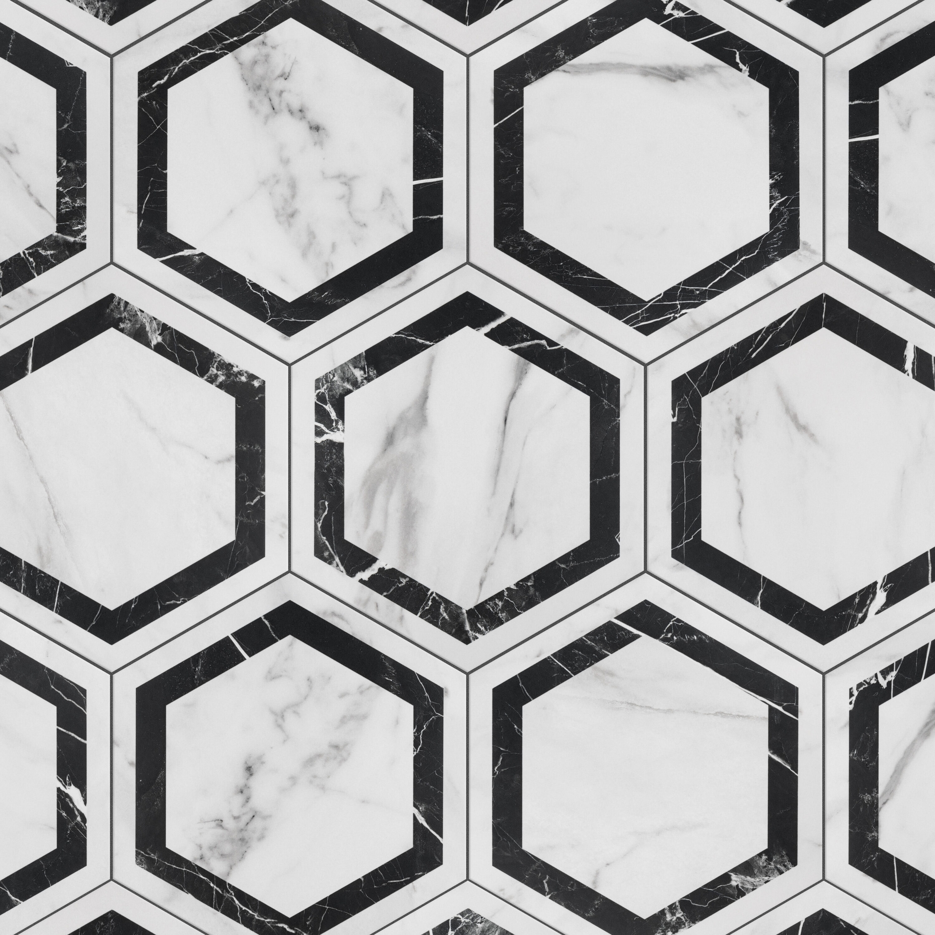 Affinity Tile FRLVEXDD Marbilia Hex Venato Black Geo with Biotech 11-in x 13-in Matte Porcelain Marble look Hexagon Standard Floor and Wall Tile ( 10.64-sq ft Carton