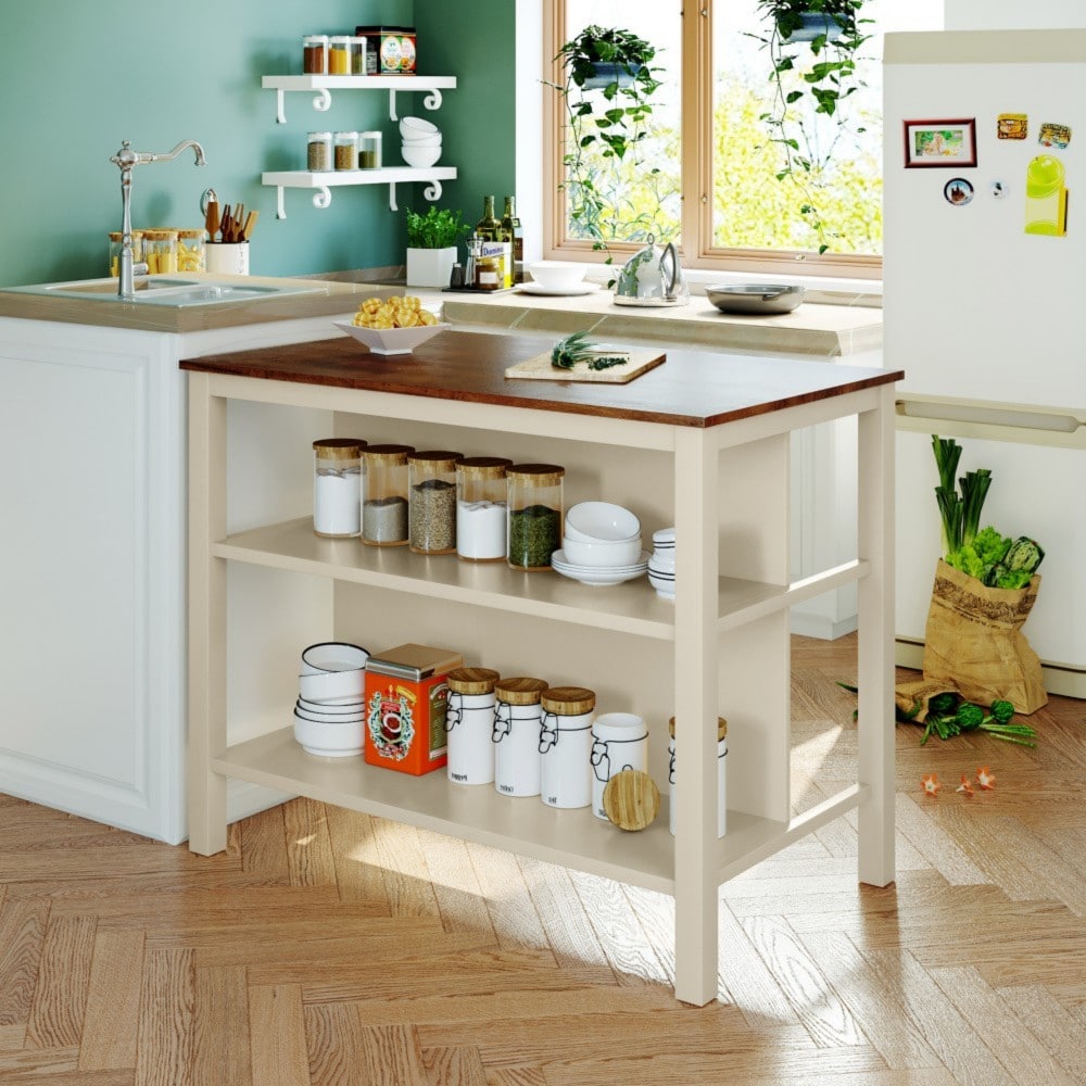Beedesign 45 Inch Solid Wood Kitchen Island Table with 2 Open Shelves ...
