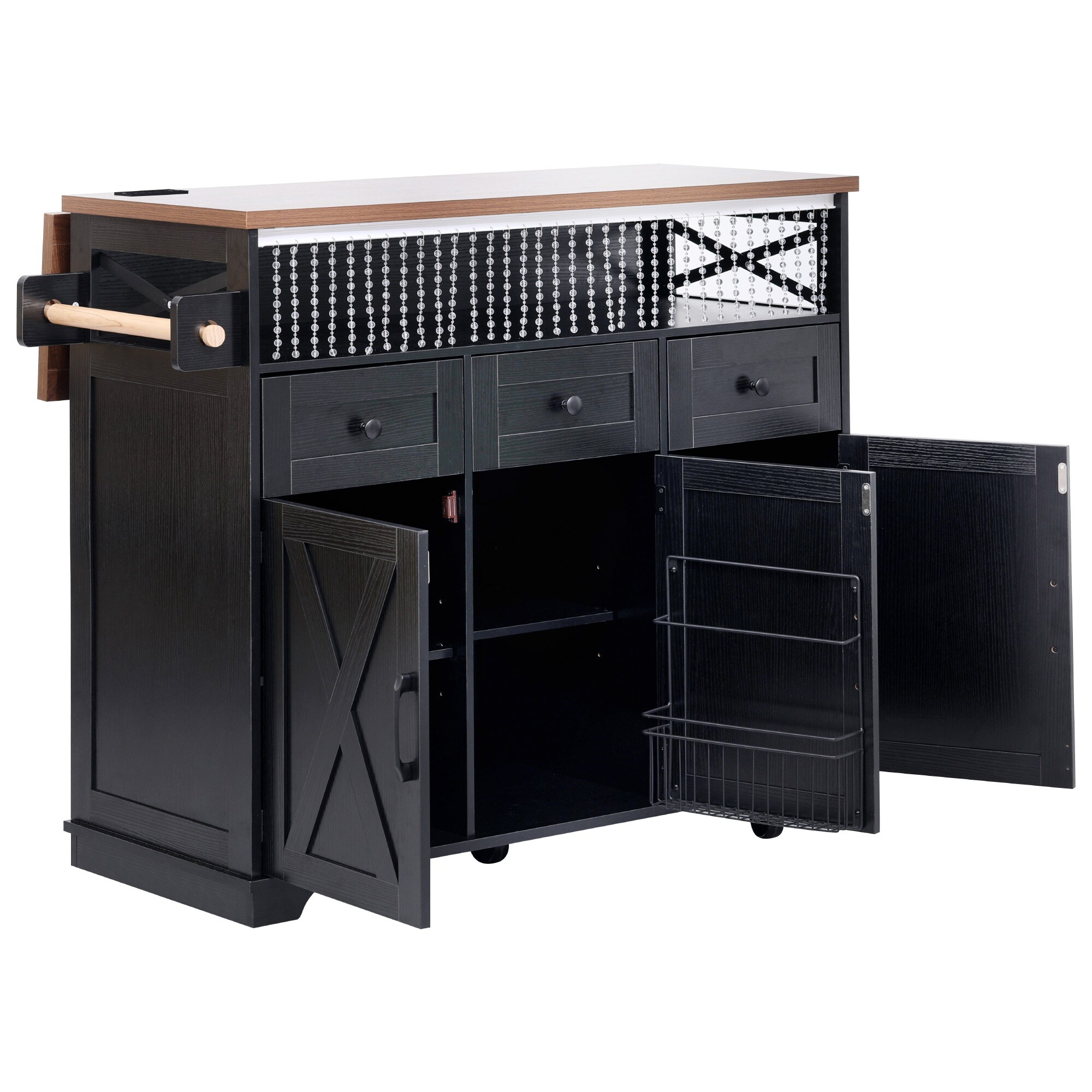 Oaks Decor OAN7074872B Black MDF Base with MDF Rolling Kitchen Island ( 28-in x 47-in x 39-in )