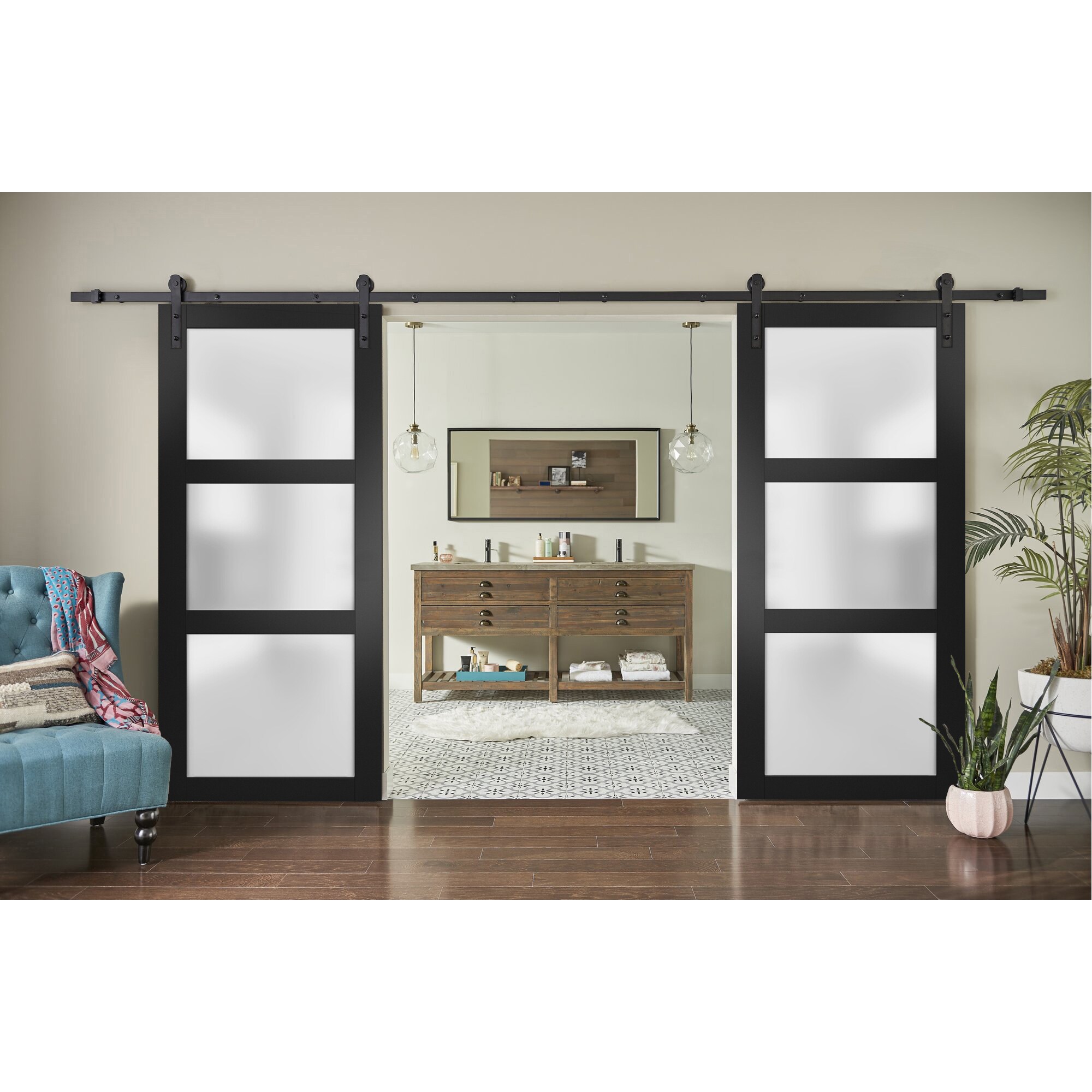 SARTODOORS 48-in X 80-in Matte Black Frosted Glass MDF Double Barn Door ...