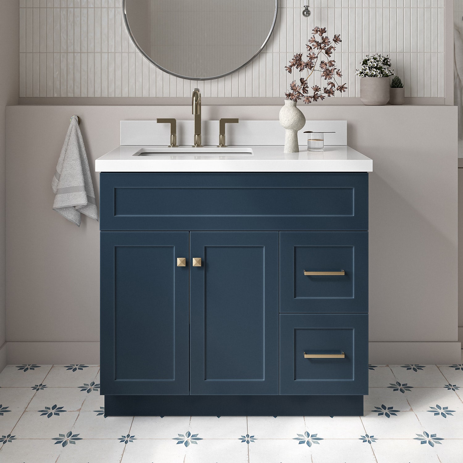 ARIEL F037SLWQRVOMNB Hamlet 37-in Midnight Blue Undermount Single sink Bathroom Vanity with Pure White Quartz Quartz Top