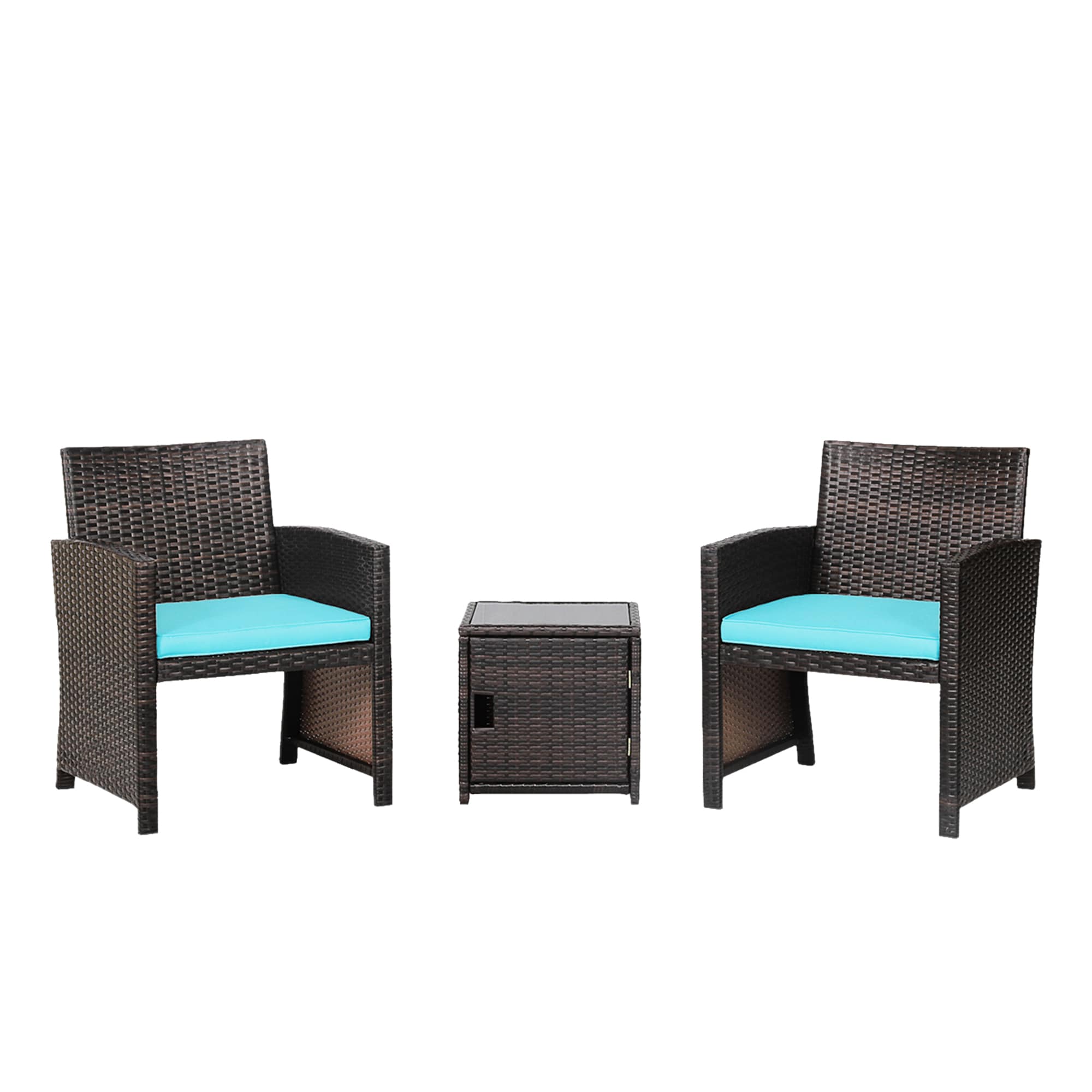 WELLFOR OUJ69444TU 3-Piece Rattan Patio Conversation Set with Blue Cushions