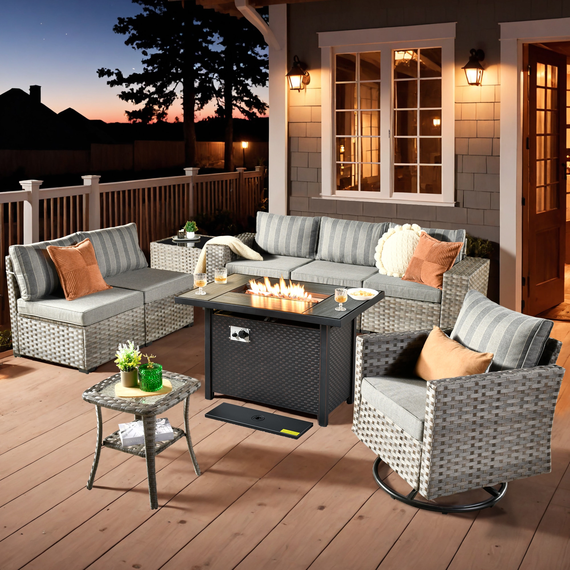 Pouuin SCFPBBR20T-9 Wicker Outdoor Sectional with Dark gray Cushions and Wicker Frame