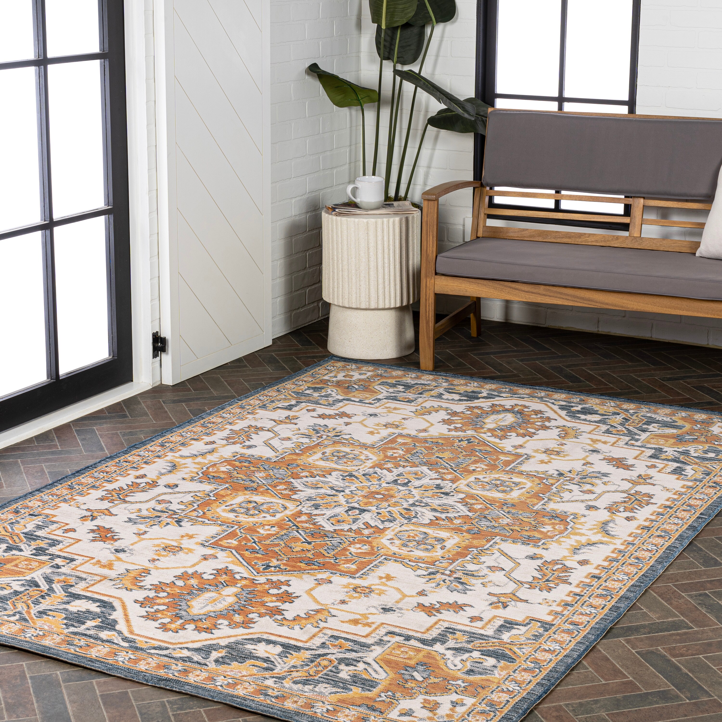 Bijan Terra Blue Cream Medallion Washable Reversible Rug 5x8