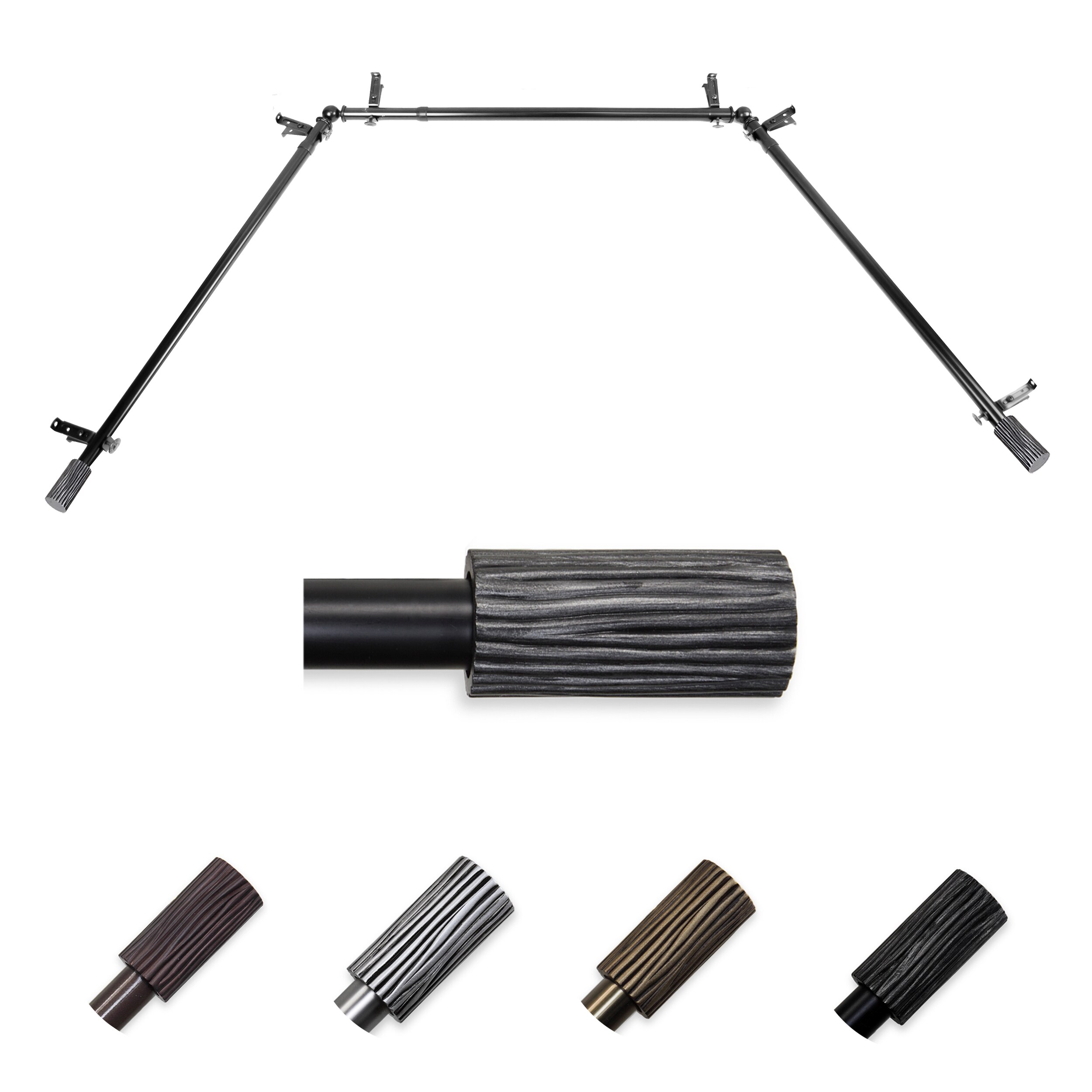 Hart & Harlow LO-ABAY-97-2 72-in to 144-in Black Steel Bay window curtain rod with Finials