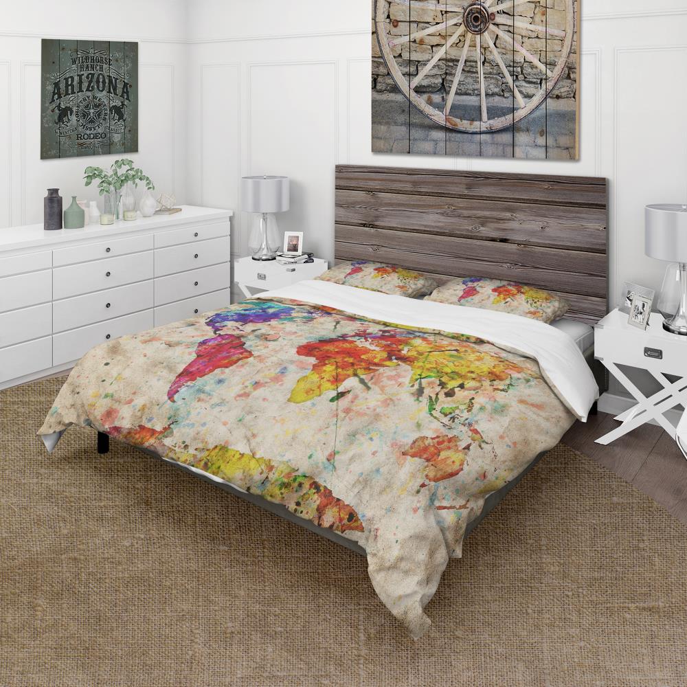 Vintage World Map Multicolor Microfiber Queen Duvet Cover Set