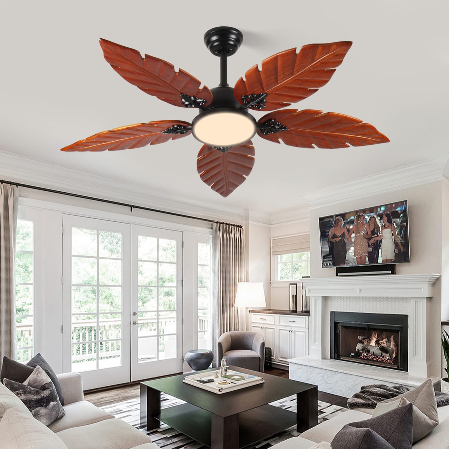 JUSHUA 52 Inches Tropical Ceiling Fan with Light Palm Leaf Indoor Outdoor Ceiling Fan for Patio and Living Room Reversible Fan Black Bronze