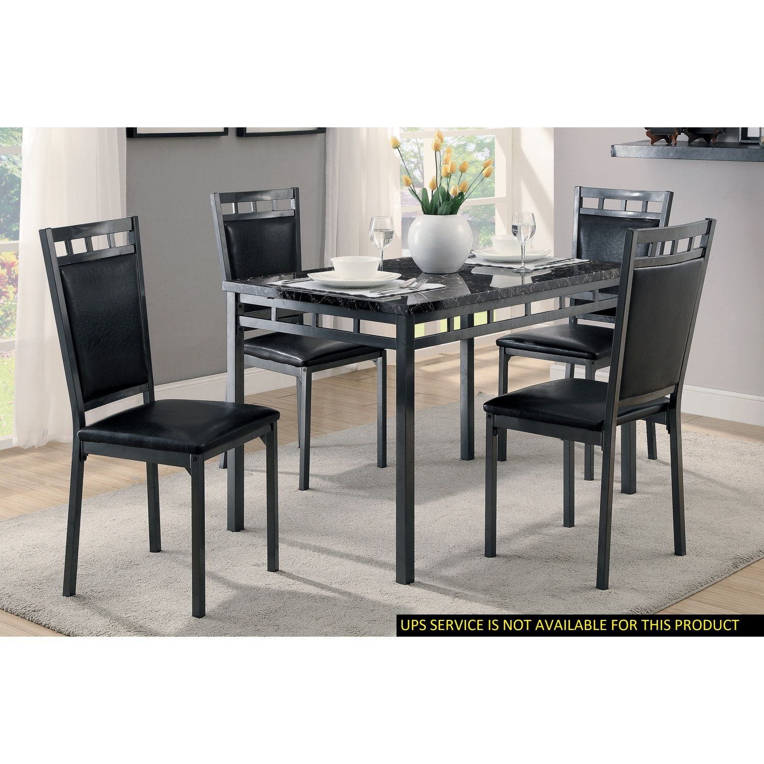 JASMODER B01177677 Black Finish 5Pc Dinette Set Faux Marble Top Table And 4X Side Chairs Faux Leather Upholstered Metal Frame Casual Dining Room Furniture