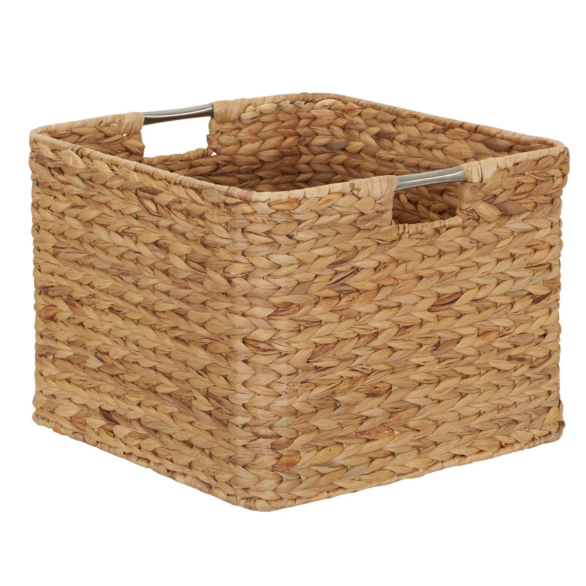 Household Essentials Square Wicker Basket Hyacinth Cube with Stainless Steel Handles Intricate and Durable Weave Sturdy Metal Frame Natural