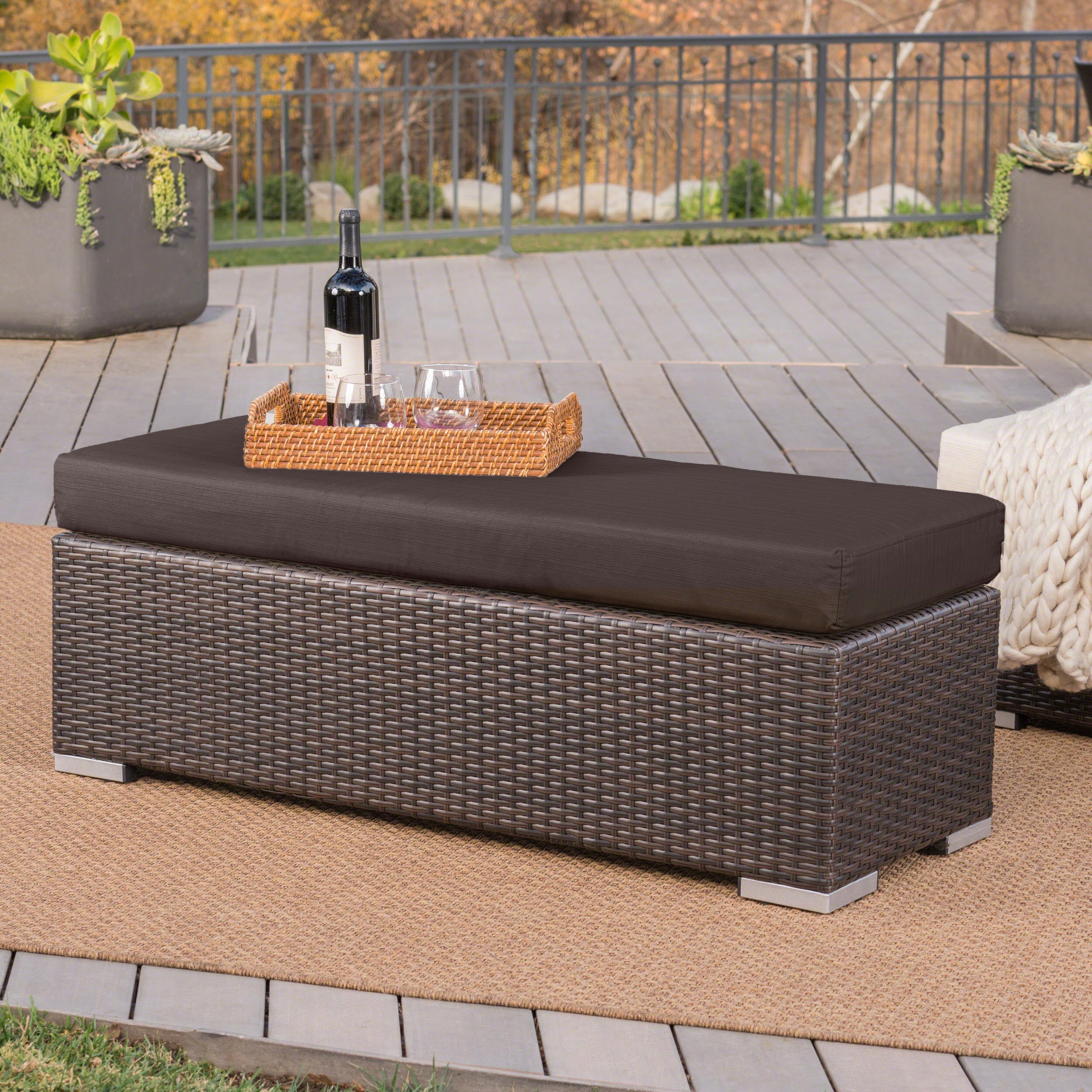 Santa Modern Outdoor Resin Wicker Patio Bench with Cushion Iron Frame and No Assembly Brown