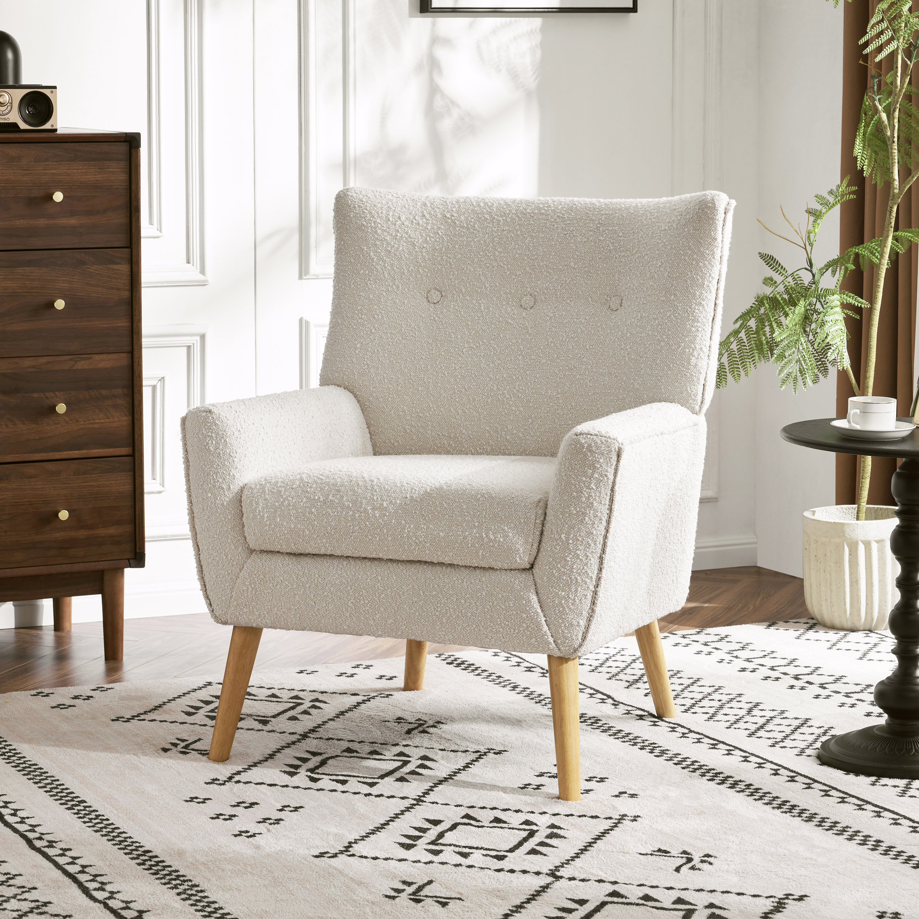 Contemporary White Boucle Upholstered Club Chair with Natural Wood Legs
