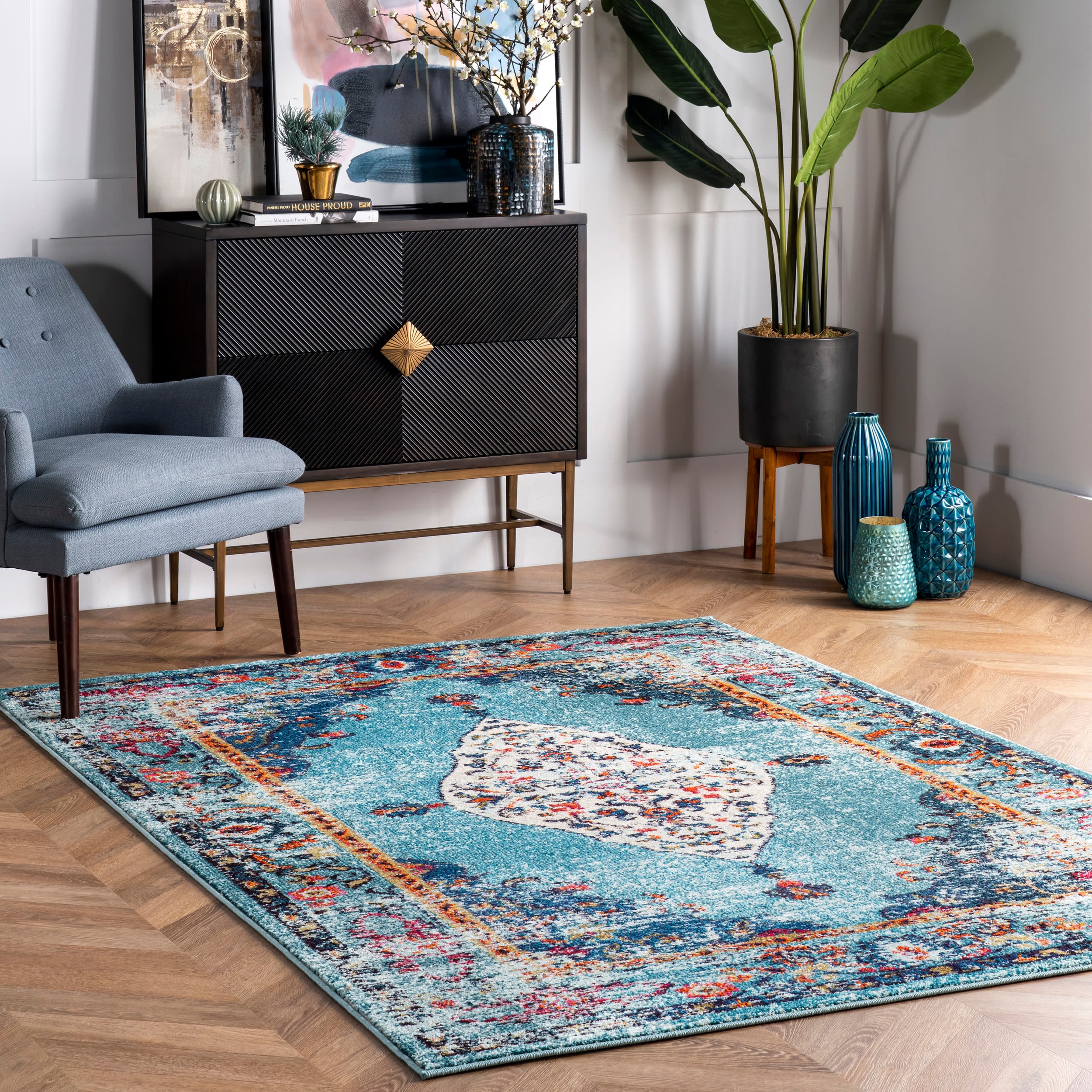 nuLOOM KKCB26A-710011 8 x 11 (ft) Loomed Polypropylene Aqua Rectangular Indoor Medallion Bohemian/Eclectic Area rug