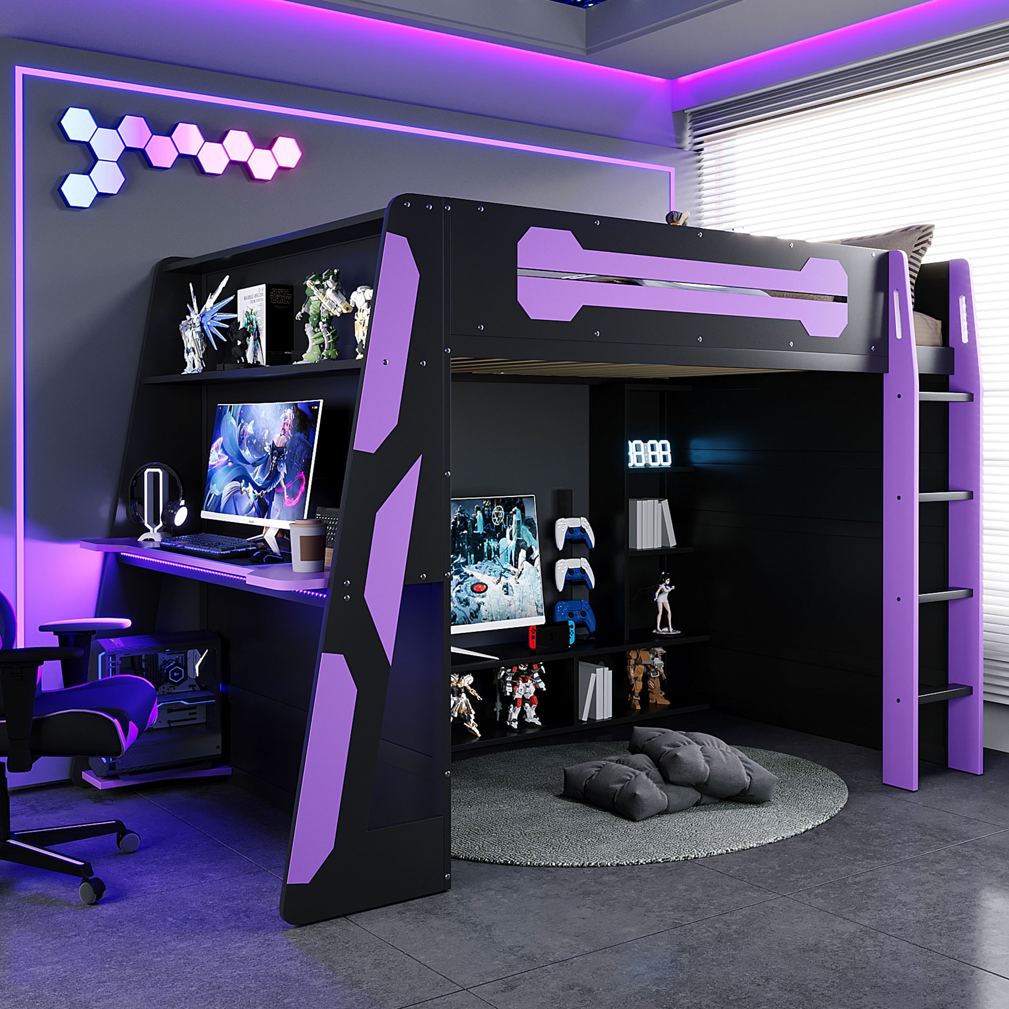 CHITA Full Purple Loft Bed with Built-In Desk and Storage Shelves and ...