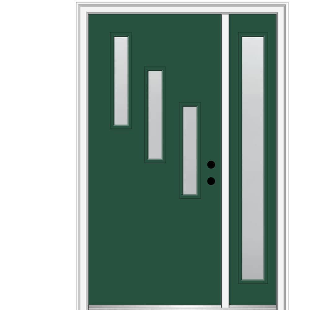 MMI DOOR ZZ348003L Spotlights 50-in x 80-in x 4-9/16-in Fiberglass Pulse lite Left-hand inswing Hunter Green Painted Prehung Front Door with Right Sidelight with Brickmould Insulating core