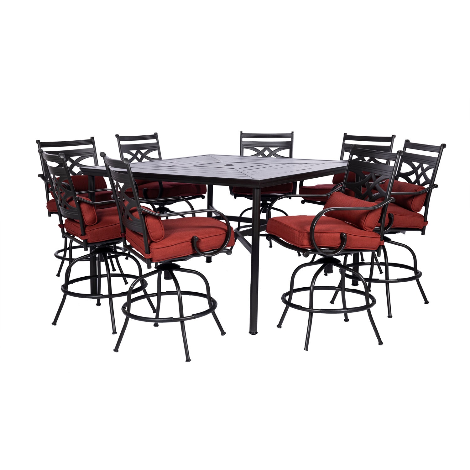 Hanover MCLRDN9PCBRSW8-CHL Montclair 9 -Piece Dark Brown Bar Height Patio Dining Set Steel Square Table with 8 Red Cushions Swivel Chairs